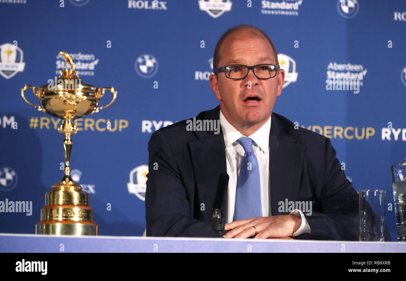 Europäische Ryder Schale Regisseur Guy Kinnings während der Ryder Cup Team Europa Pressekonferenz im Wentworth Golf Club, Surrey. Stockfoto