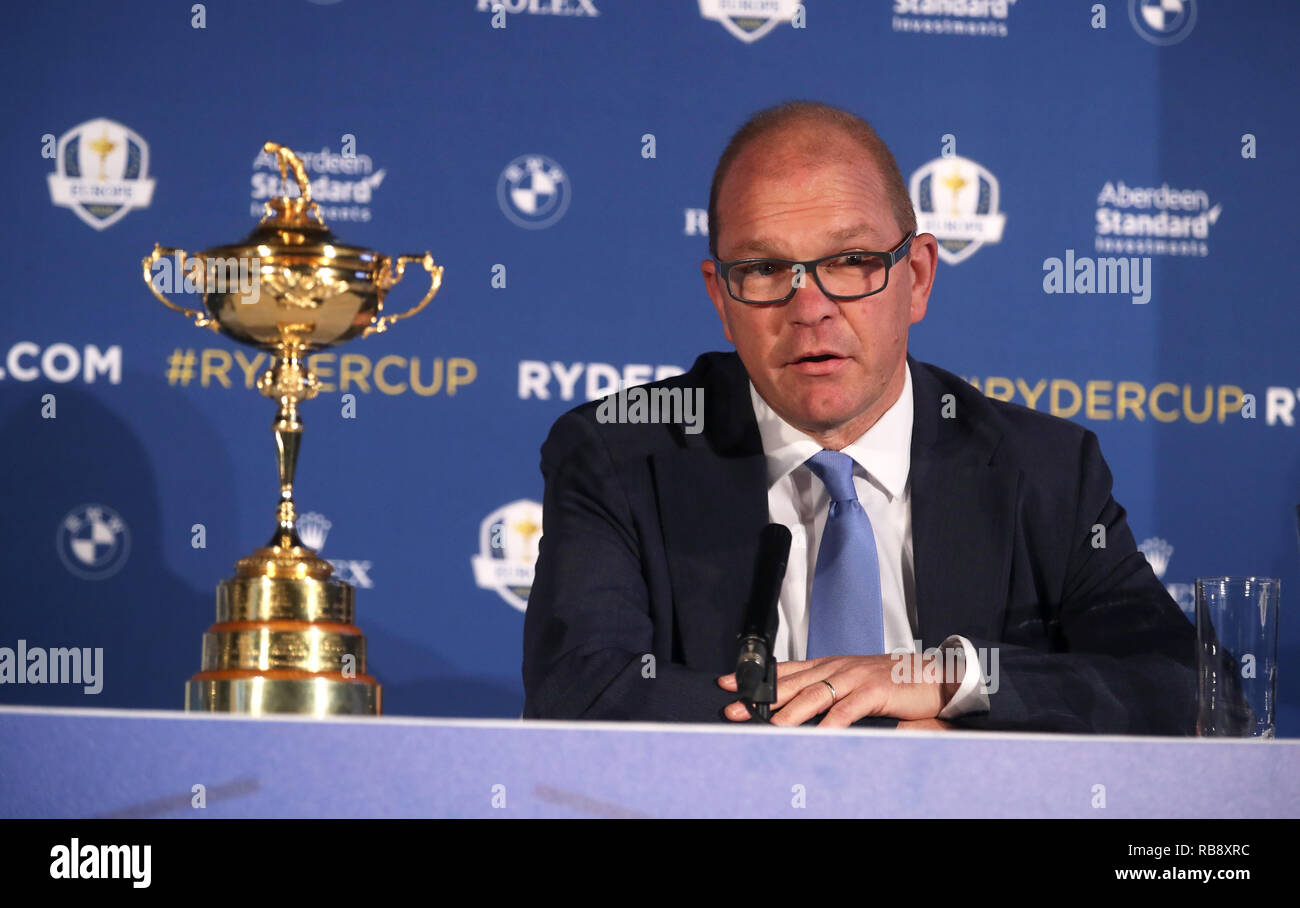 Europäische Ryder Schale Regisseur Guy Kinnings während der Ryder Cup Team Europa Pressekonferenz im Wentworth Golf Club, Surrey. Stockfoto