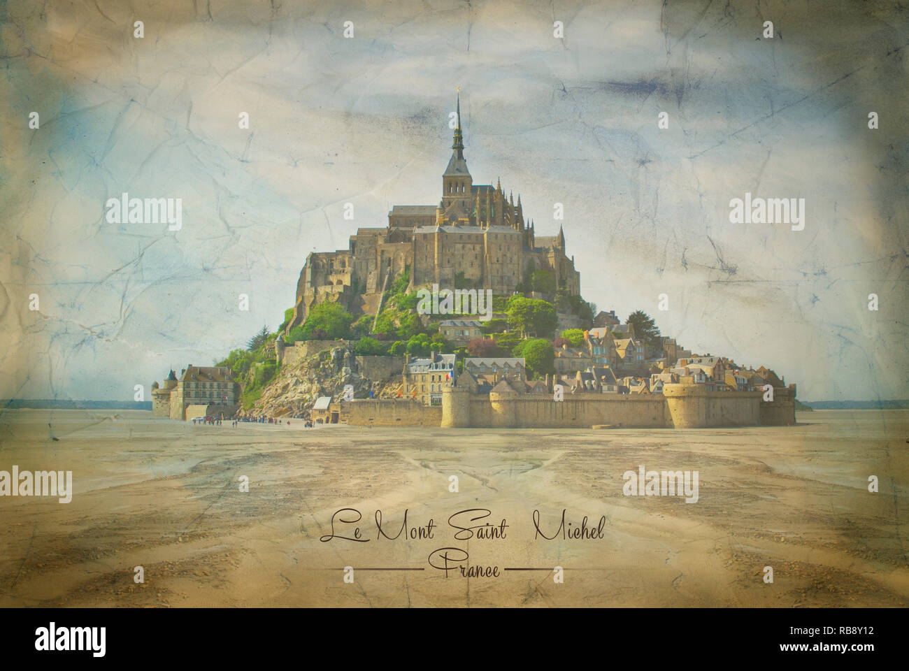 Mont Saint Michel auf Vintage Papier in der Normandie, Frankreich Stockfoto