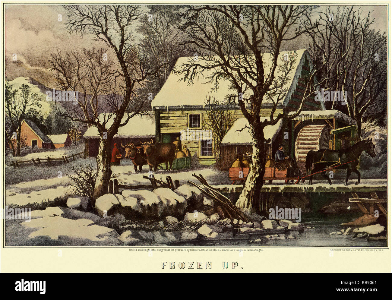 Haus im Winter mit Ochsen Stockfoto