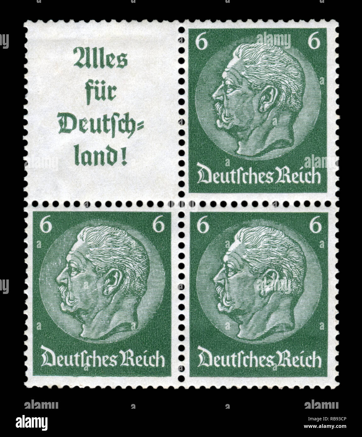 Deutschen Historischen Block von vier Briefmarken: Paul von Hindenburg - Serie Medaillons 1933-1936 Ausgabe, "Alles für Deutschland", das Dritte Reich. Stockfoto