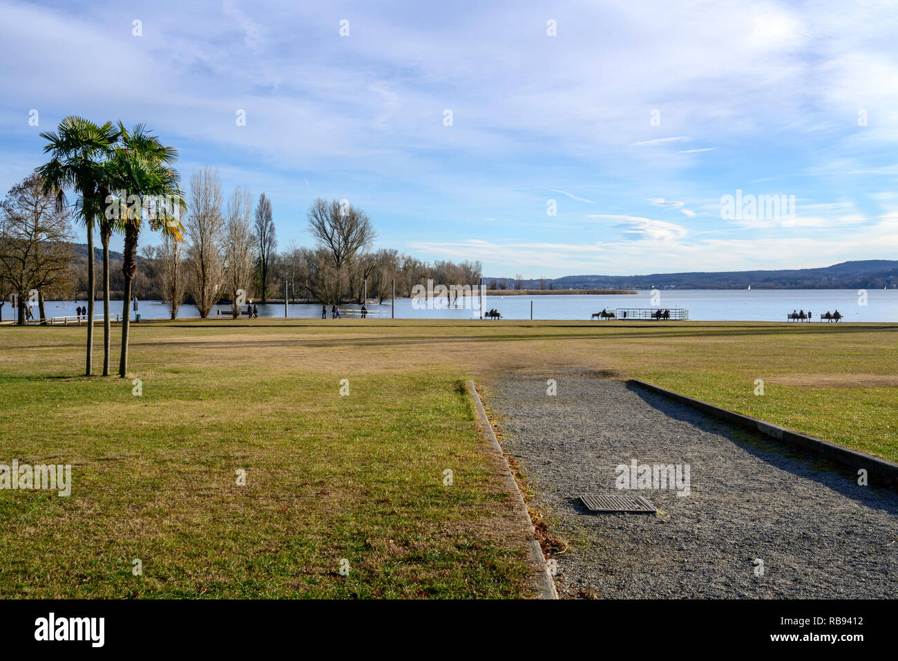 Stadtbild mit Palmen und Rasen an öffentlichen Park von touristischen historisches Dorf am Ufer des Verbano See, geschossen im Winter Licht in Angera, Verbano, Stockfoto