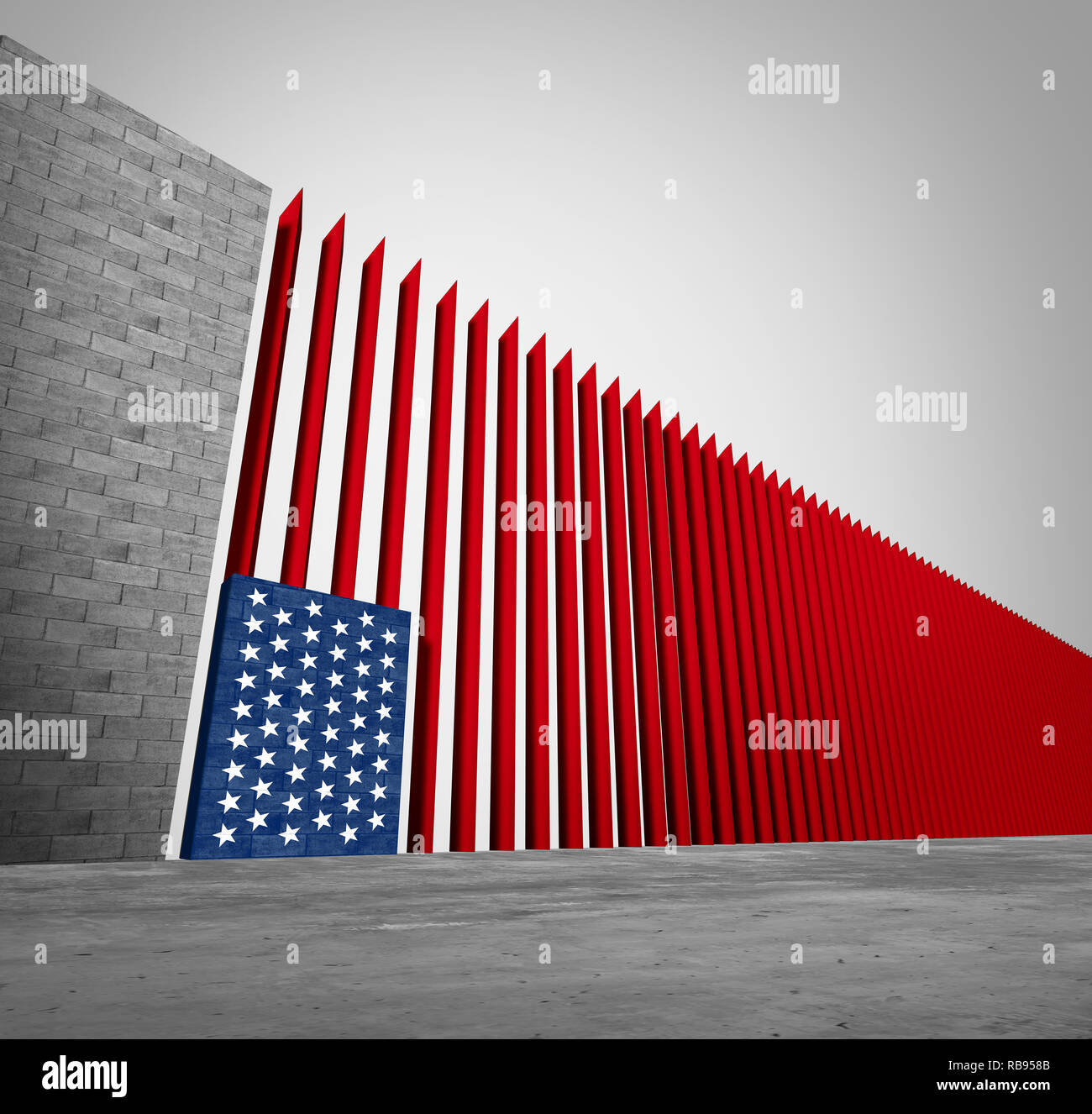 United States Grenzmauer und amerikanischen Einwanderung und USA Flüchtlingskrise Konzept als Barriere oder Stahl zaun Lamelle als US Flag geprägt. Stockfoto