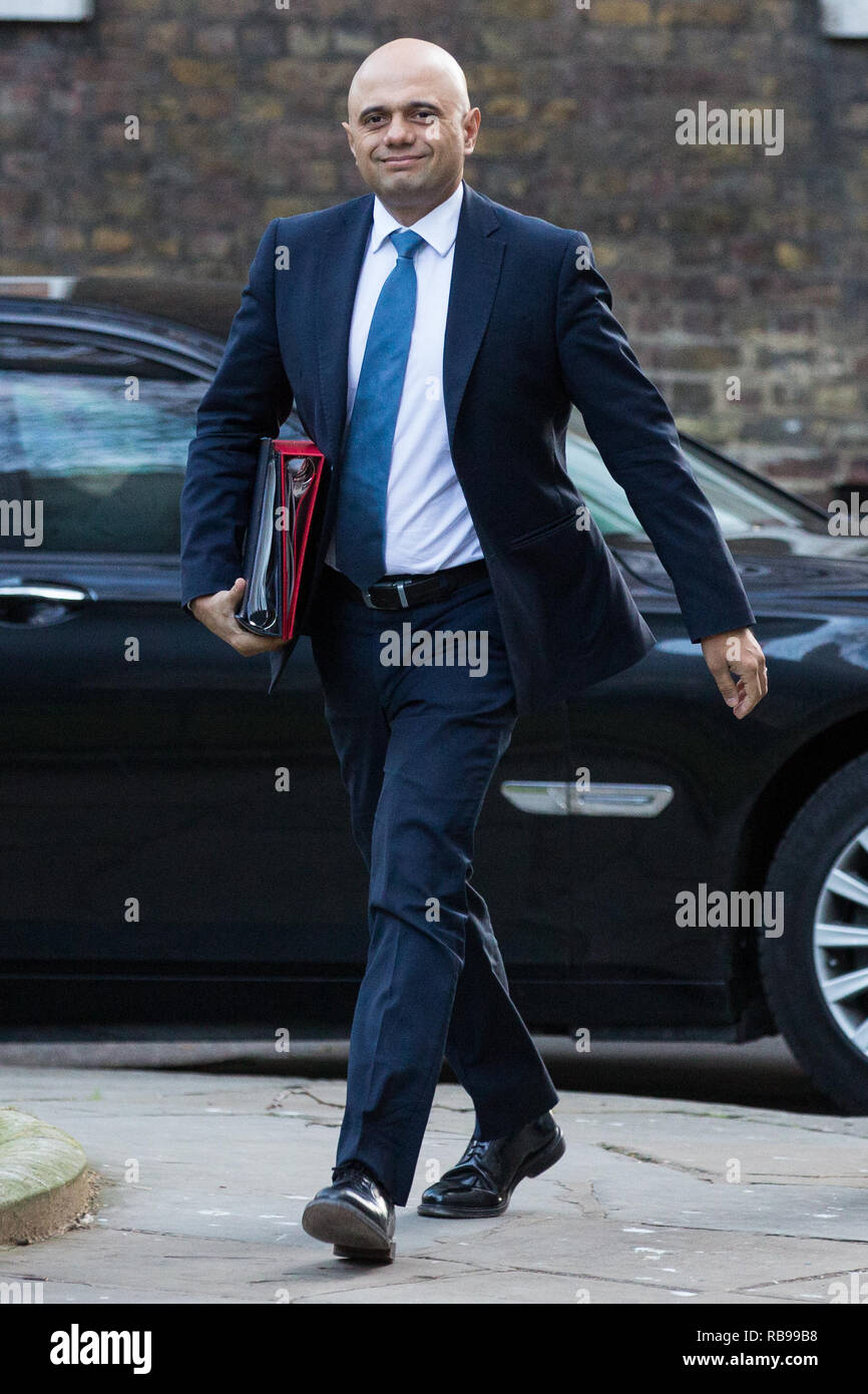 London, Großbritannien. 8. Januar, 2019. Sajid Javid MP, Staatssekretärin des Home Abteilung, kommt in Downing Street 10 Zum ersten Kabinettssitzung seit den Weihnachtsferien. Credit: Mark Kerrison/Alamy leben Nachrichten Stockfoto