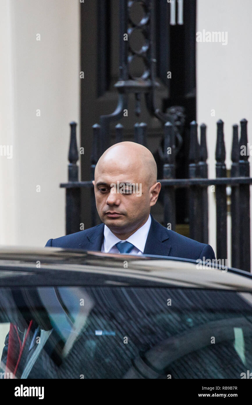 London, Großbritannien. 8. Januar, 2019. Sajid Javid MP, Staatssekretärin des Home Abteilung, Blätter Downing Street 10 im Anschluss an die erste Kabinettssitzung seit den Weihnachtsferien. Credit: Mark Kerrison/Alamy leben Nachrichten Stockfoto