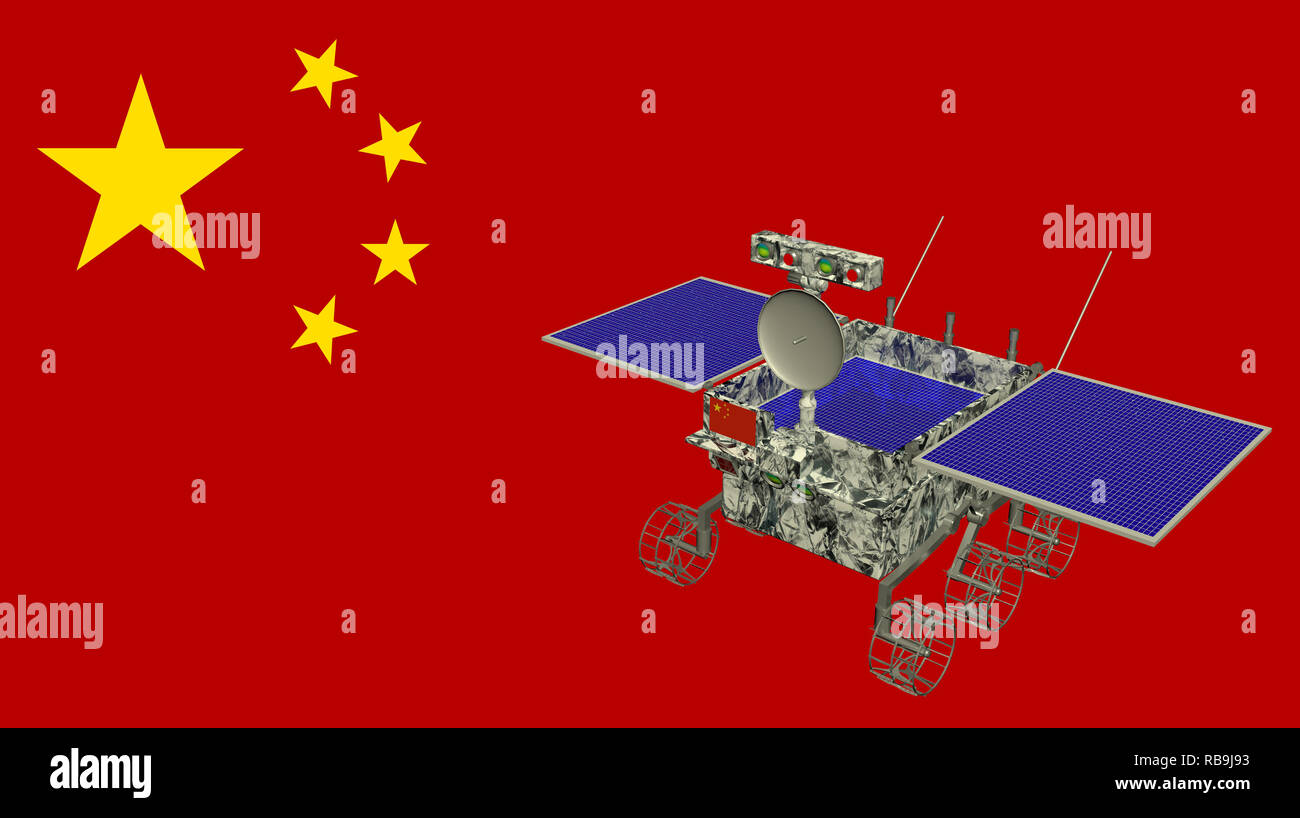 Yutu 2 Lunar Rover landete auf der Oberfläche des Mondes am 3. Januar 2019 mit der Flagge von China im Hintergrund. 3D-Darstellung Stockfoto