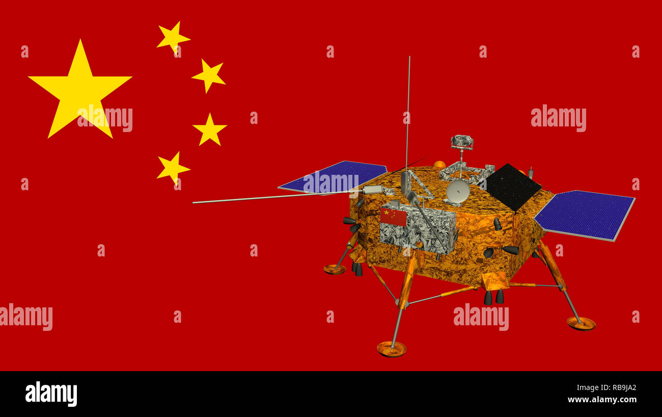 Chinas Chang e4 Mondsonde landete auf der Oberfläche des Mondes am 3. Januar 2019 mit der Flagge von China im Hintergrund. 3D-Darstellung Stockfoto