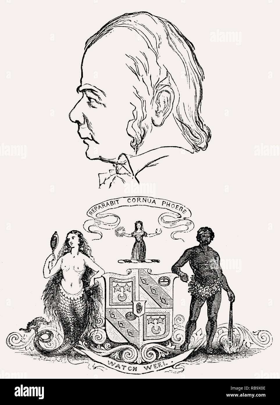 Sir Walter Scott und sein Wappen, Schottische historische Romancier, Dramatiker und Dichter Stockfoto