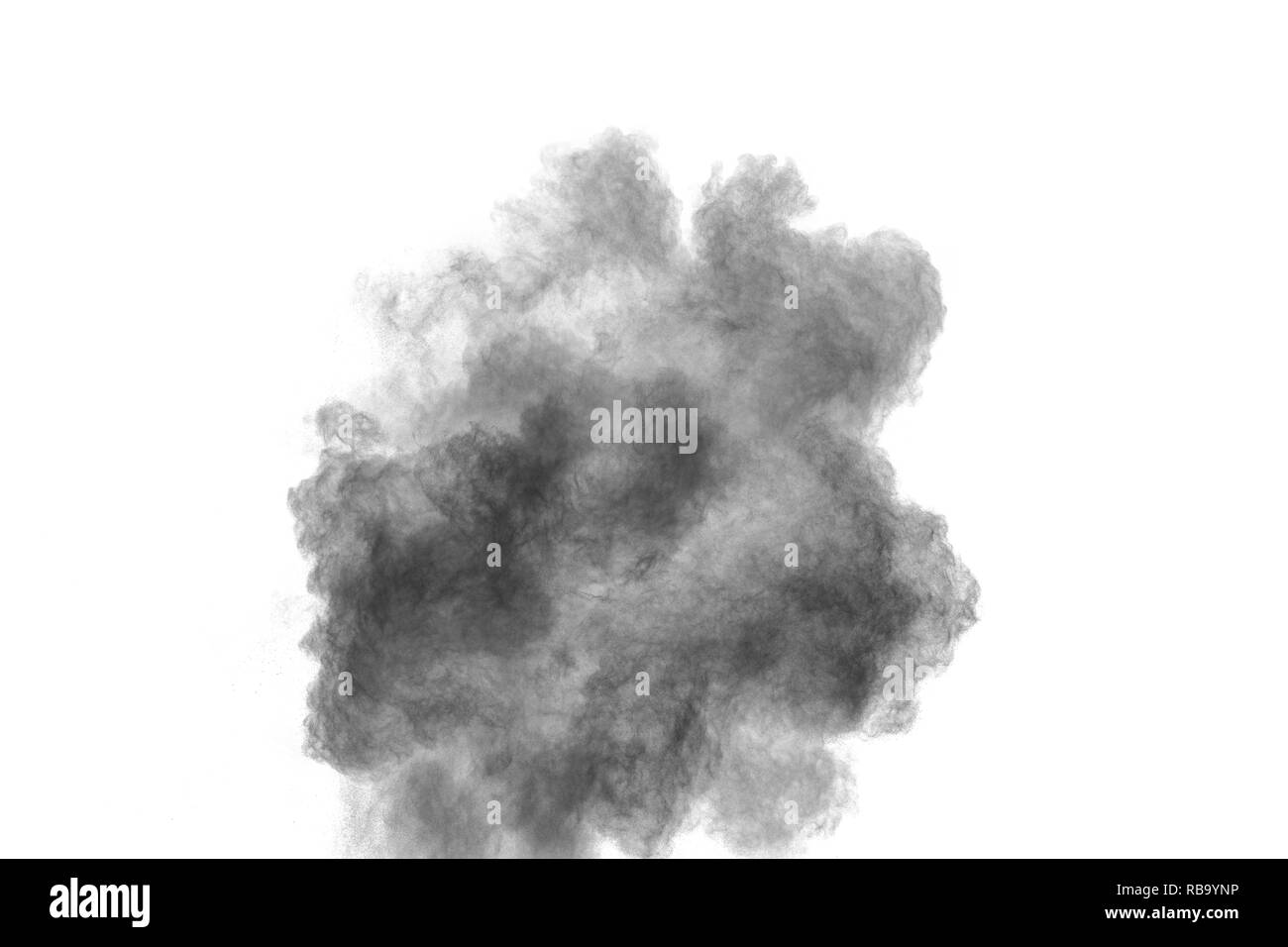 Schwarzes Pulver Explosion gegen den weißen Hintergrund. Schwarz Staubpartikel Spritzwasser. Stockfoto