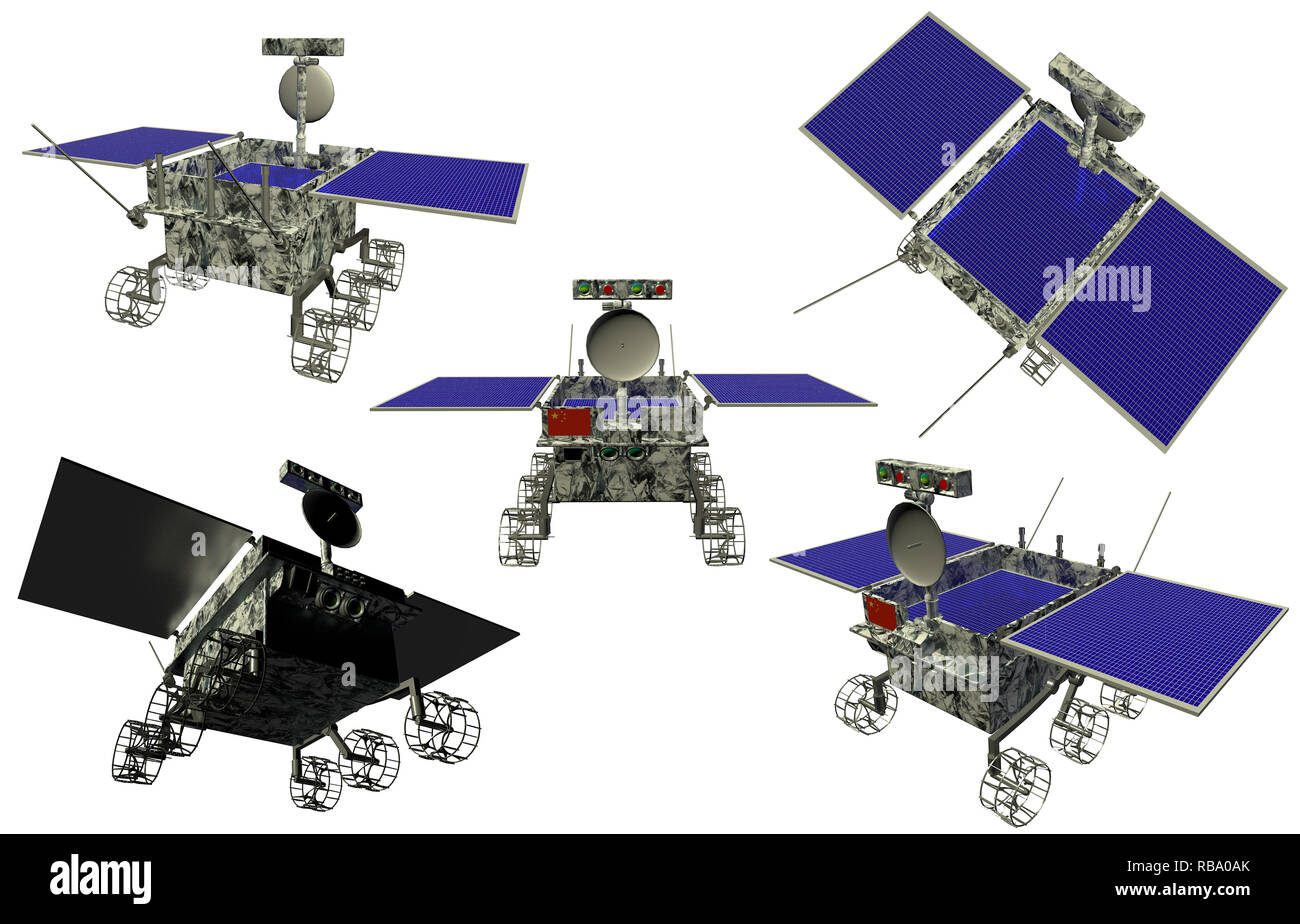 Lunar Exploration Rover in verschiedenen Winkeln auf weißem Hintergrund. 3D-Darstellung Stockfoto