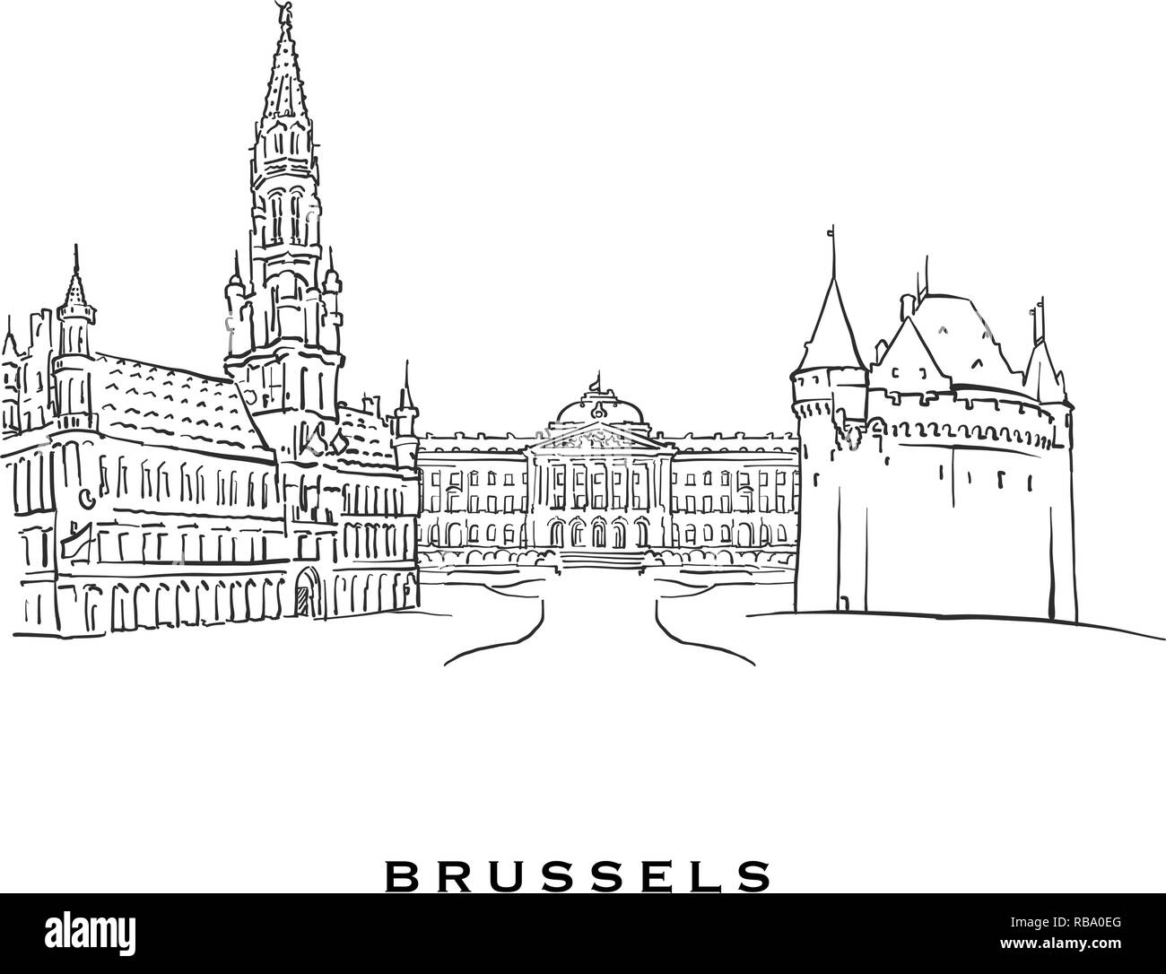 Brüssel Belgien berühmte Architektur. Vektor Skizze auf weißem Hintergrund getrennt aufgeführt. Architektur Zeichnungen von allen europäischen Hauptstädten. Stock Vektor