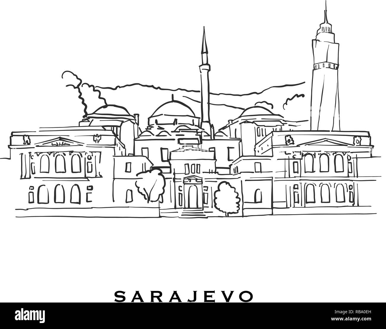 Sarajevo Bosnien und Herzegowina berühmte Architektur. Vektor Skizze auf weißem Hintergrund getrennt aufgeführt. Architektur Zeichnungen aller Europäischen capit Stock Vektor