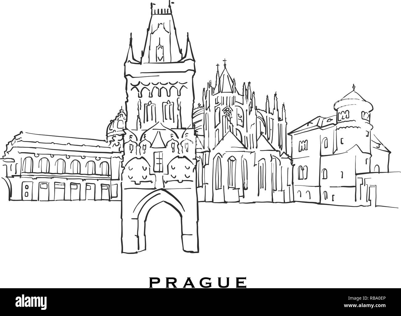 Berühmte Architektur in Prag in der Tschechischen Republik. Vektor Skizze auf weißem Hintergrund getrennt aufgeführt. Architektur Zeichnungen von allen europäischen Hauptstädten. Stock Vektor