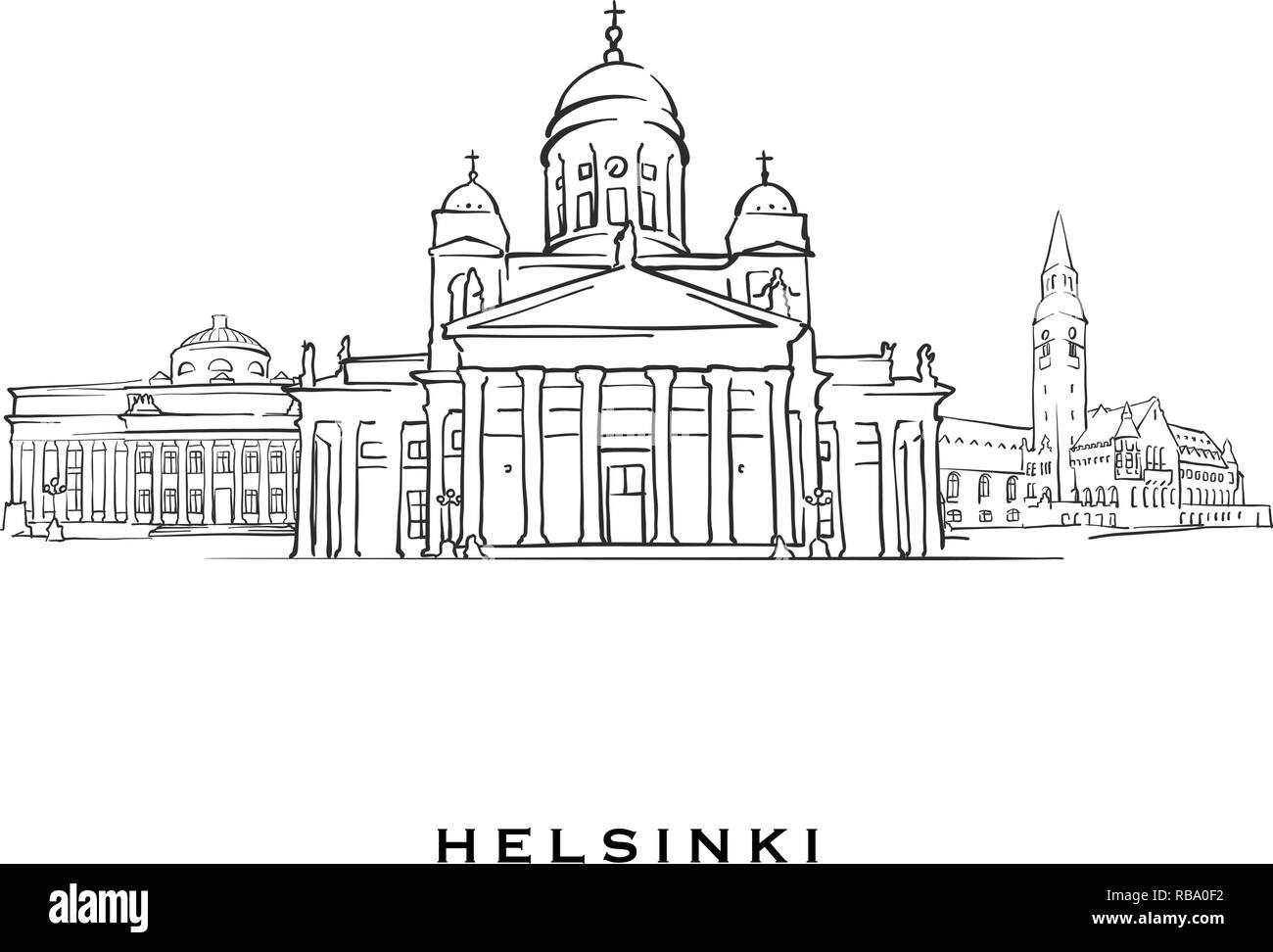 Helsinki Finnland berühmte Architektur. Vektor Skizze auf weißem Hintergrund getrennt aufgeführt. Architektur Zeichnungen von allen europäischen Hauptstädten. Stock Vektor