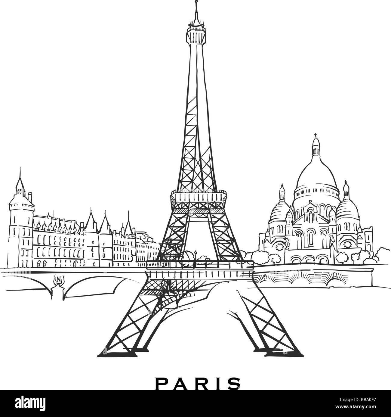 Paris Frankreich berühmte Architektur. Vektor Skizze auf weißem Hintergrund getrennt aufgeführt. Architektur Zeichnungen von allen europäischen Hauptstädten. Stock Vektor