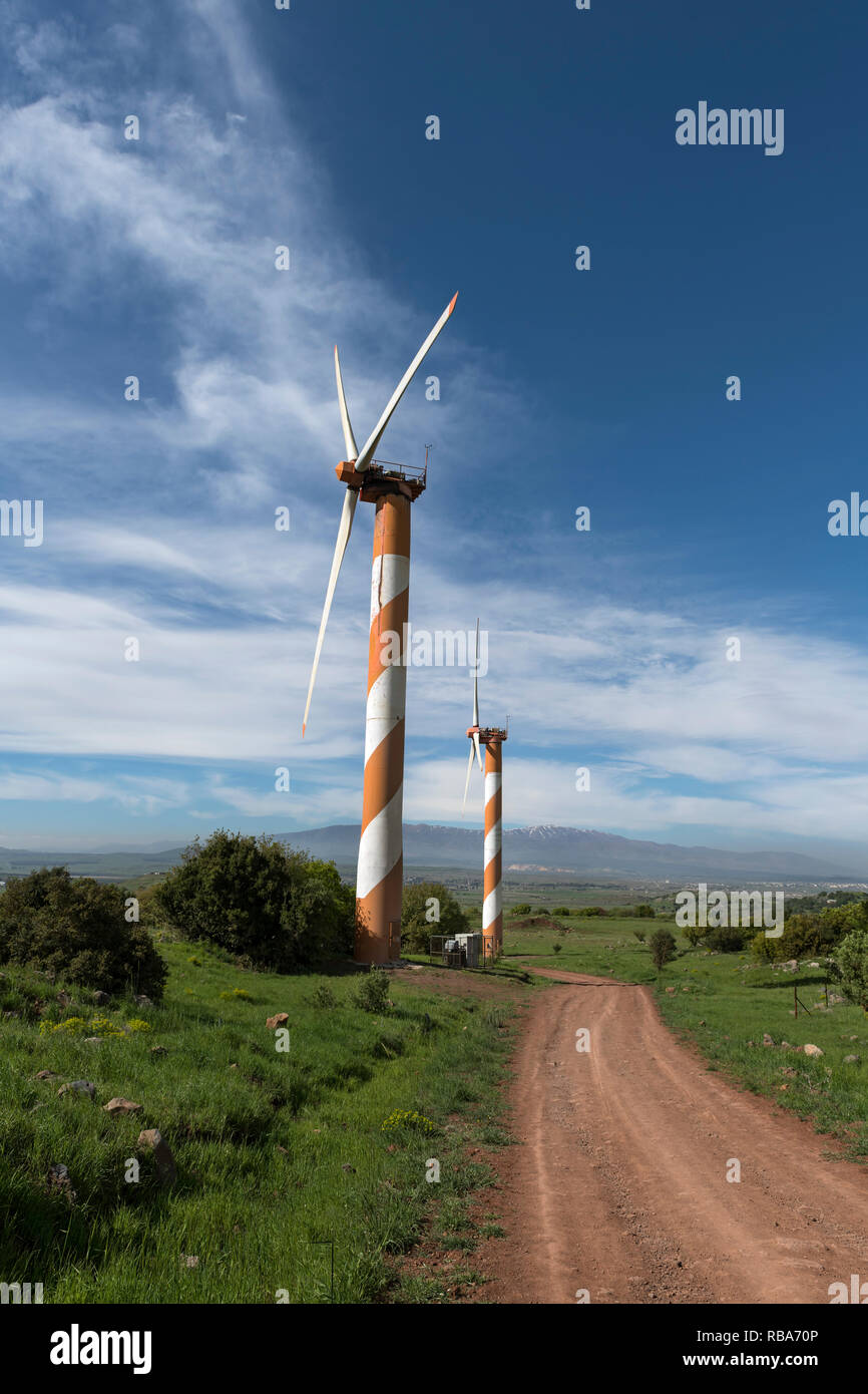 Bnei Rasan Windkraftanlagen in der Nähe des Kibbutz Ein Zivan im Golan Höhen. Israel Stockfoto