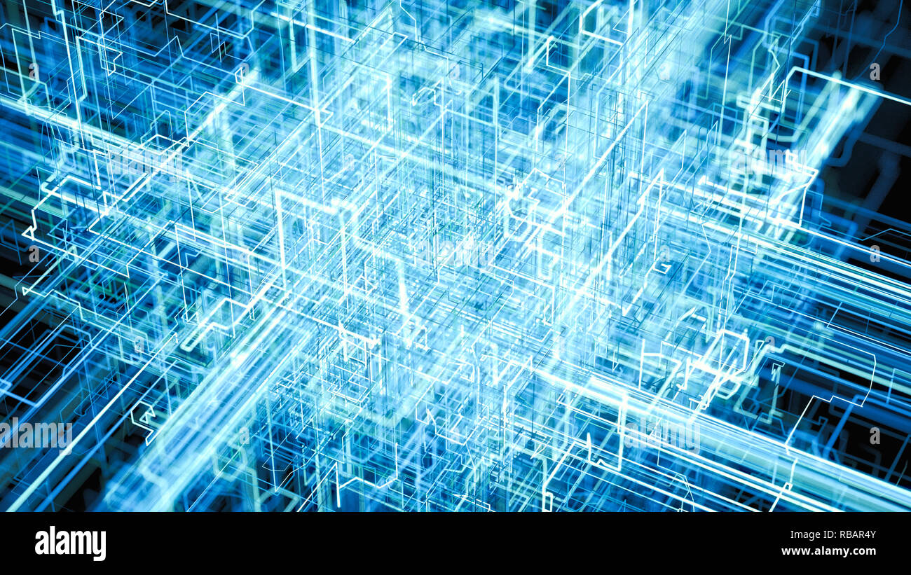 Digitale Anschlussmöglichkeiten, Künstlicher Intelligenz und Data Storage Konzept. Moderne elektronische Platine, Dirigenten und neuronale Signale Stockfoto