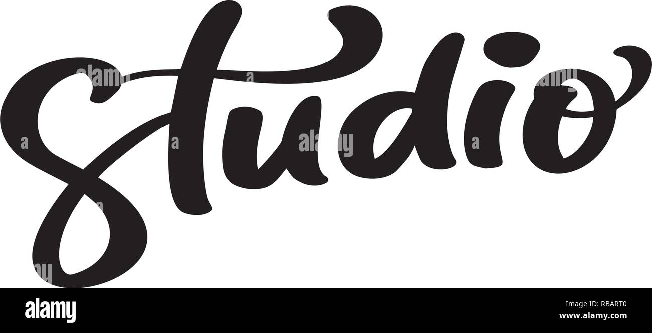 Vektor hand gezeichnete Schrift Wort Studio. Elegante, moderne handgeschriebene Kalligraphie Zitat auf Englisch. Tinte Abbildung. Typografie Poster auf weißem Hintergrund. Für Karten, Einladungen, Drucke etc. Stock Vektor