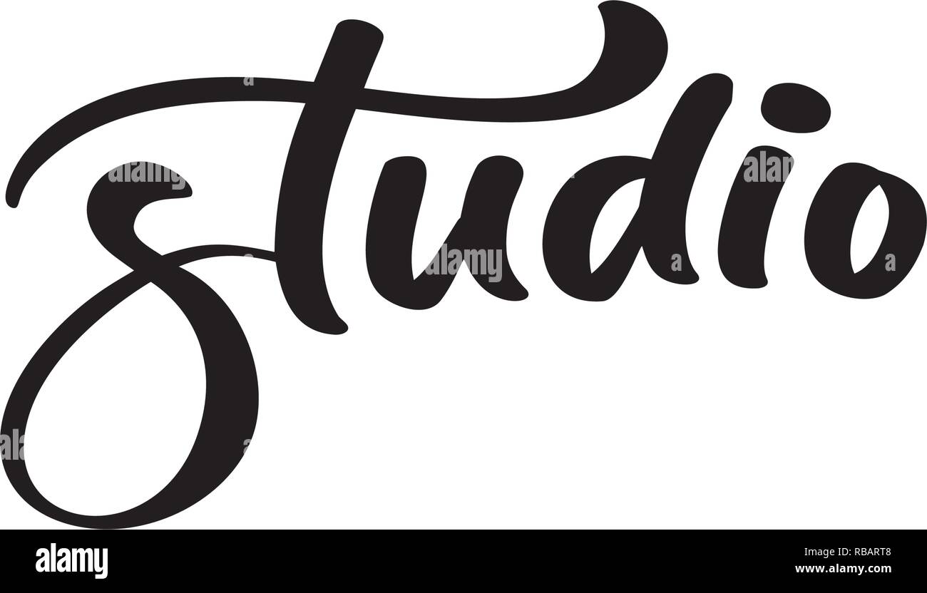 Vektor hand gezeichnete Schrift Wort Studio. Elegante, moderne handgeschriebene Kalligraphie Zitat auf Englisch. Tinte Abbildung. Typografie Poster auf weißem Hintergrund. Für Karten, Einladungen, Drucke etc. Stock Vektor