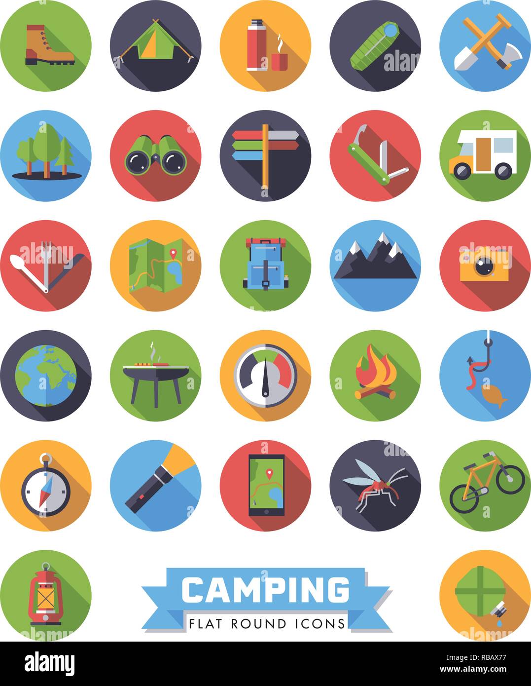 Satz 27 flache Bauweise lange Schatten zum Campen, Wandern, Outdoor pursuit runde Vector Icons Stock Vektor