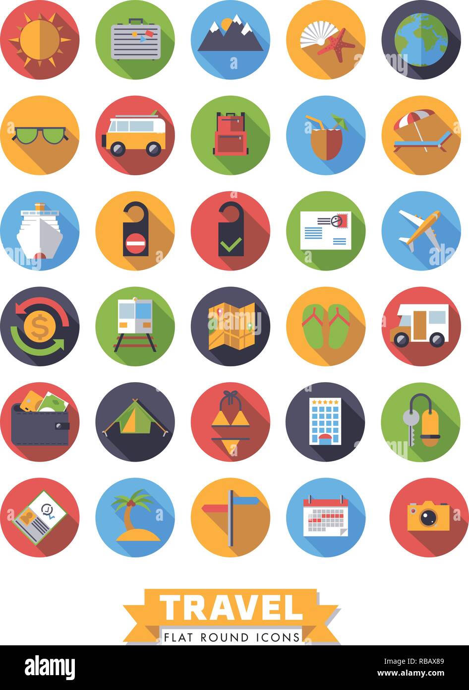 Set von 30 flachen Design lange Schatten rund um Reisen und Urlaub Vector Icons Stock Vektor