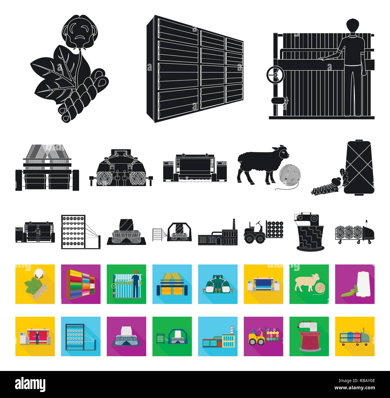 Gerät, schwarz, flach, Ausleger, Gebäude, Tuch, Spule, Sammlung, Farbe, Färbung, Bau, aus Baumwolle, roh, Gerät, Geräte, Gewebe, Fabrik, Filament, Vlies, Icon, Illustration, Industrie, Inventar, Lader, Bagger, Fertigung, Master, Material, Mechanik, Mühle, Anlage, Verarbeitung, Raw, Set, Nähen, Schafe, Blatt, Regale, Zeichen, Spinning, Symbol, Gewirr, Technik, Textilien, Gewinde, Gewebe, Einheit, Vector, Wolle, Arbeiter, Garne, Vektor, Vektoren, Stock Vektor