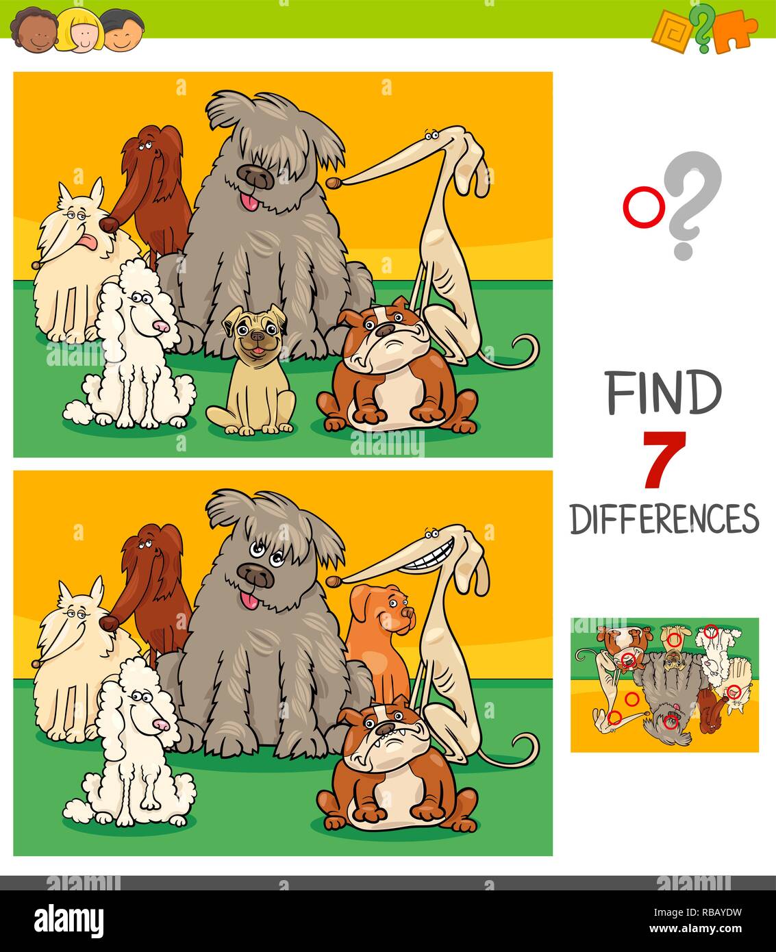 Cartoon Illustration des Findens Sieben Unterschiede zwischen Bilder Lernspiel für Kinder mit Ahnentafel Hund Zeichen Gruppe Stock Vektor