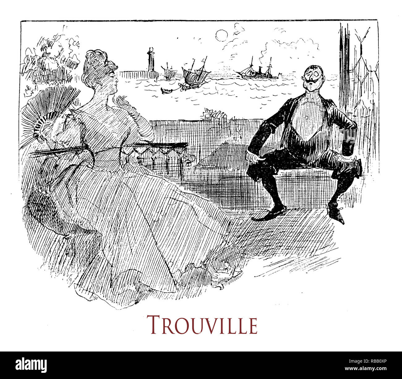 Vintage Humor und Spaß: Sommer Urlaub in einem modischen Paar aufs Meer bei Trouville an der Küste der Normandie. "La Vie Parisienne" französische Satiremagazin, Jahr 1888 Stockfoto