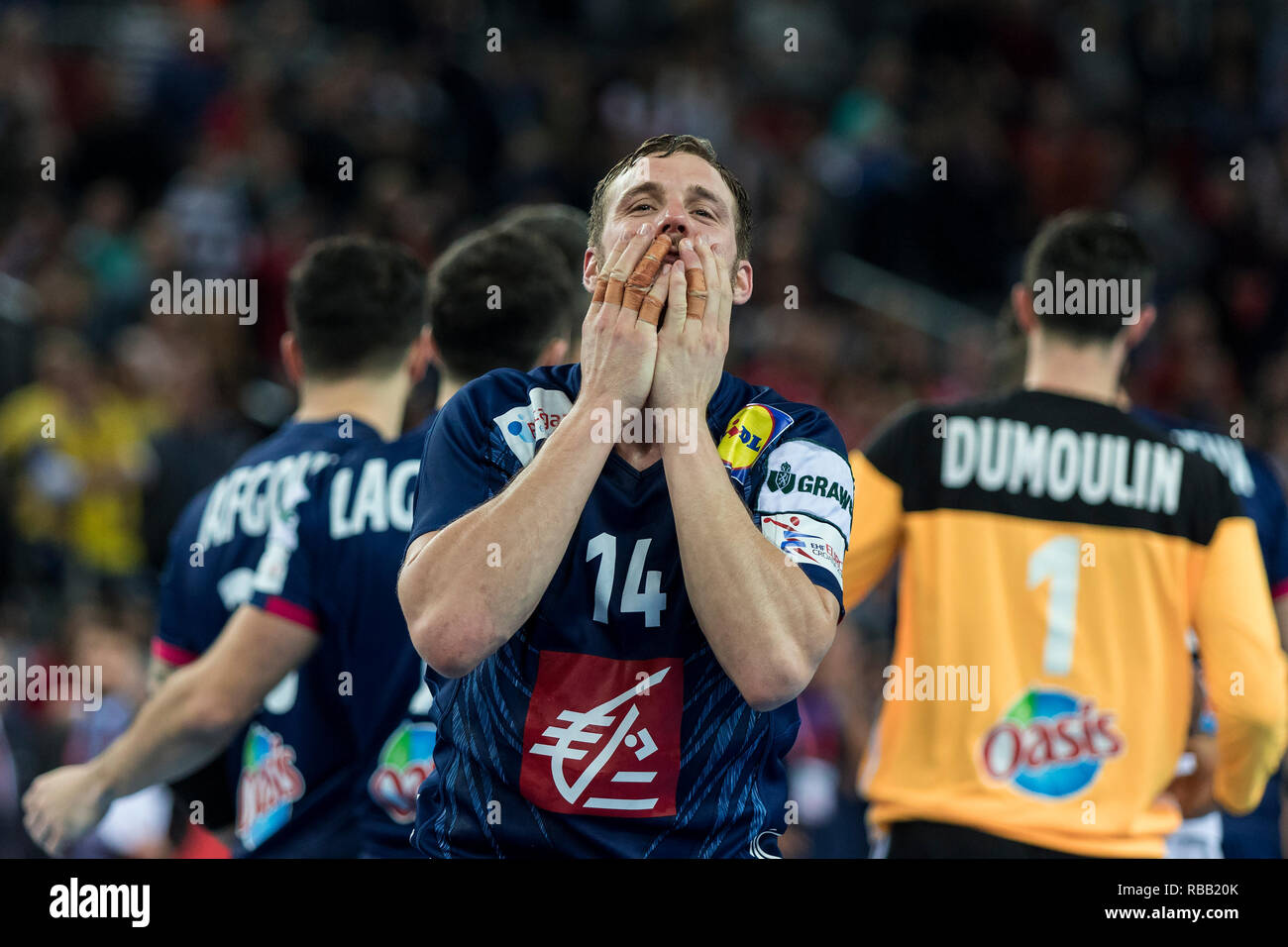 ZAGREB, KROATIEN - 28. JANUAR 2018: Europameisterschaft in Men's Handball, EHF EURO 2018 finale Frankreich - Dänemark 32:29. Frankreich Spieler feiern. Stockfoto