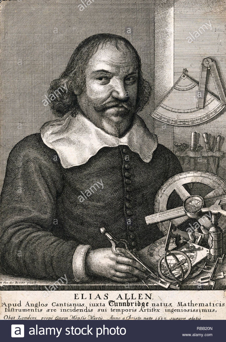 Elias Allen Porträt, 1588 - 1653, war ein englischer Hersteller von Sonnenuhren und wissenschaftliche Instrumente, Radierung von Böhmische Kupferstecher Wenzel Hollar aus 1600s Stockfoto