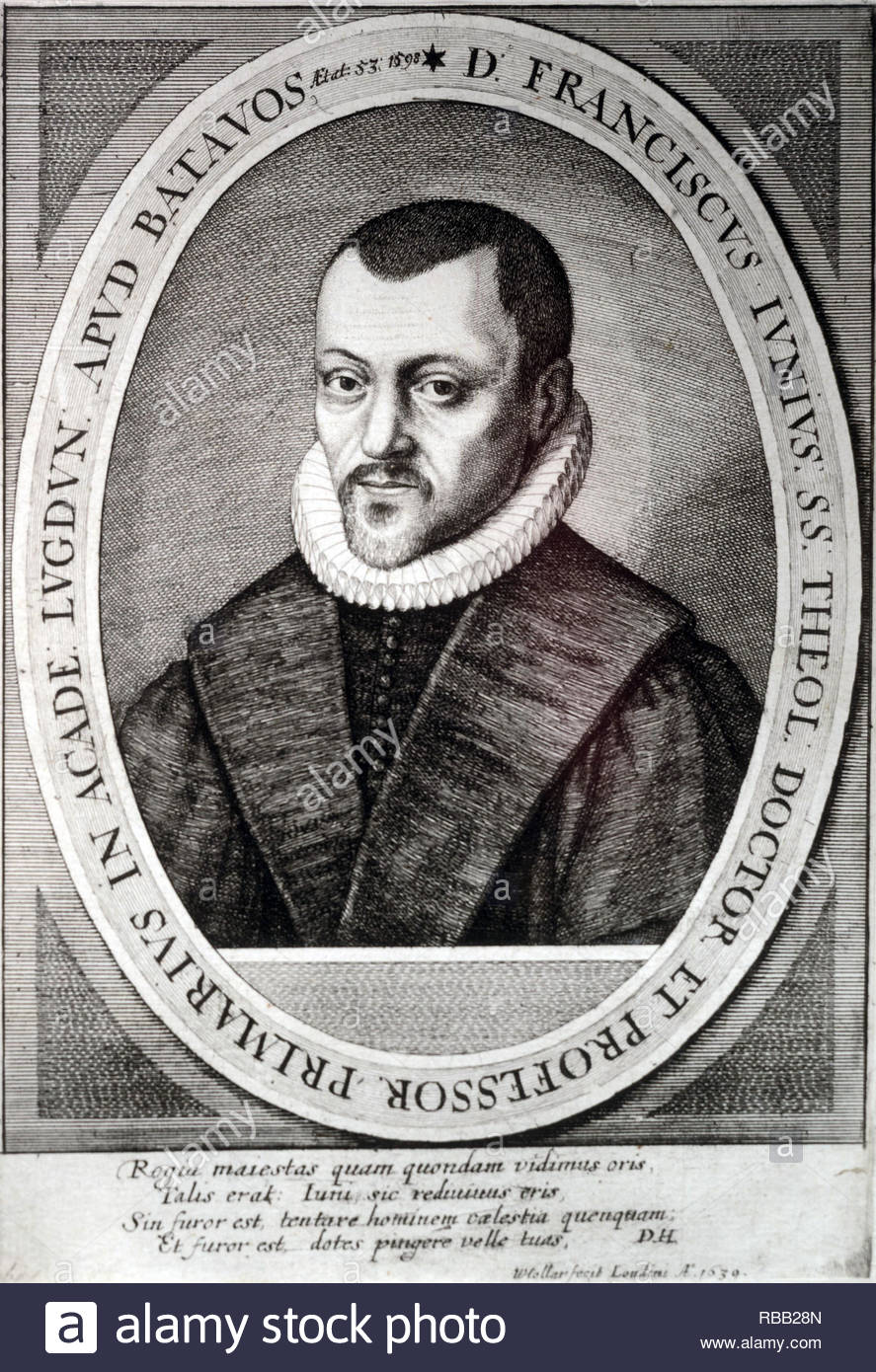 Franciscus Junius der Ältere (François Du Jon geboren, 1. Mai 1545 - 13. Oktober 1602) war ein reformierter Gelehrten, Reformator und Theologe, Radierung von Böhmische Kupferstecher Wenzel Hollar aus 1639 Stockfoto