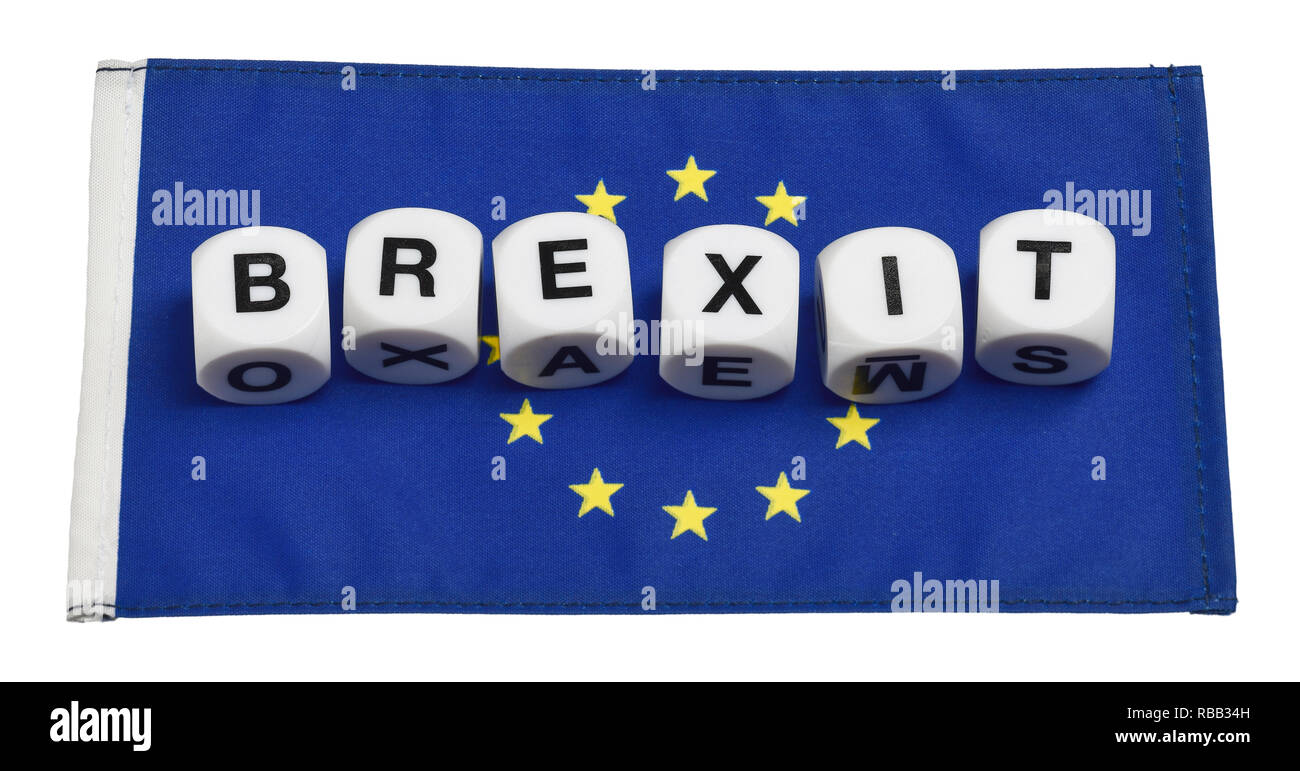 Das Wort Brexit heraus auf eine Fahne der Europäischen Union buchstabiert Stockfoto