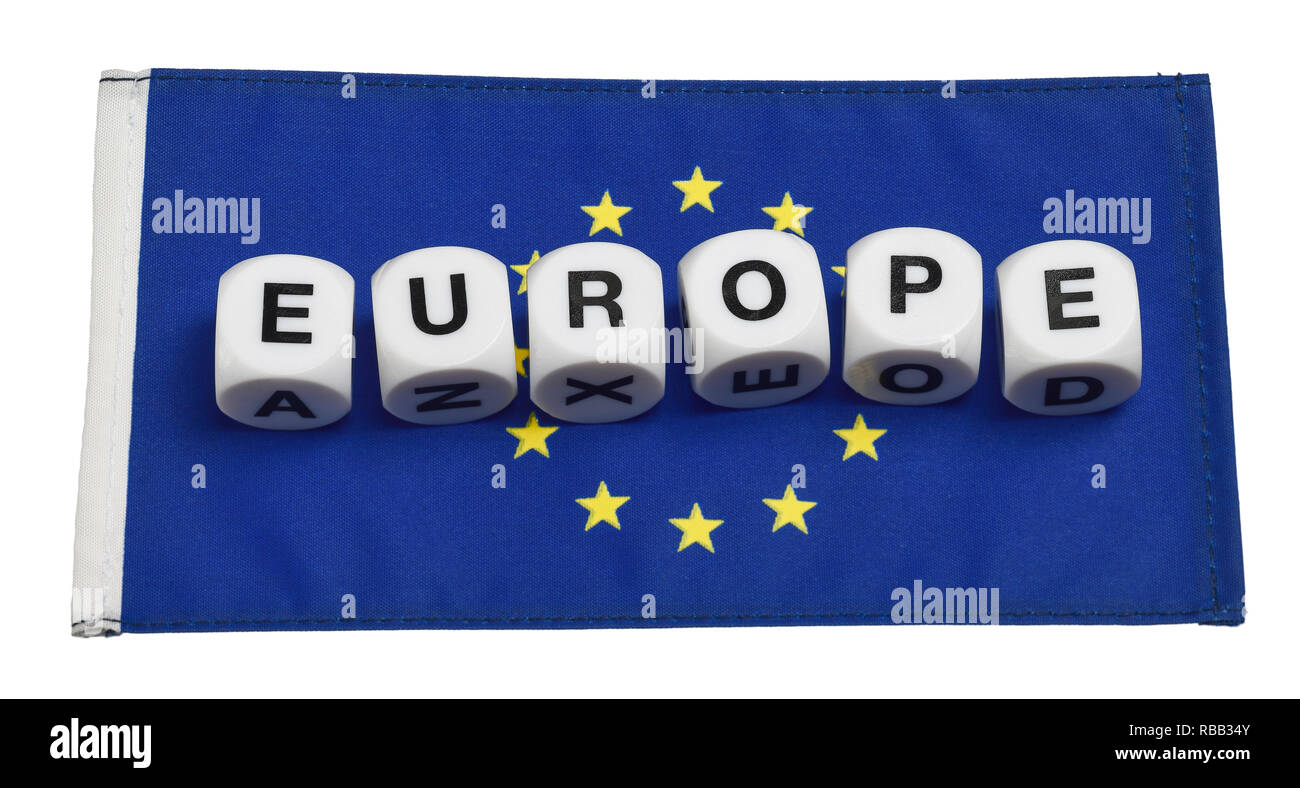 Das Wort Europa auf einer Fahne der Europäischen Union buchstabiert Stockfoto