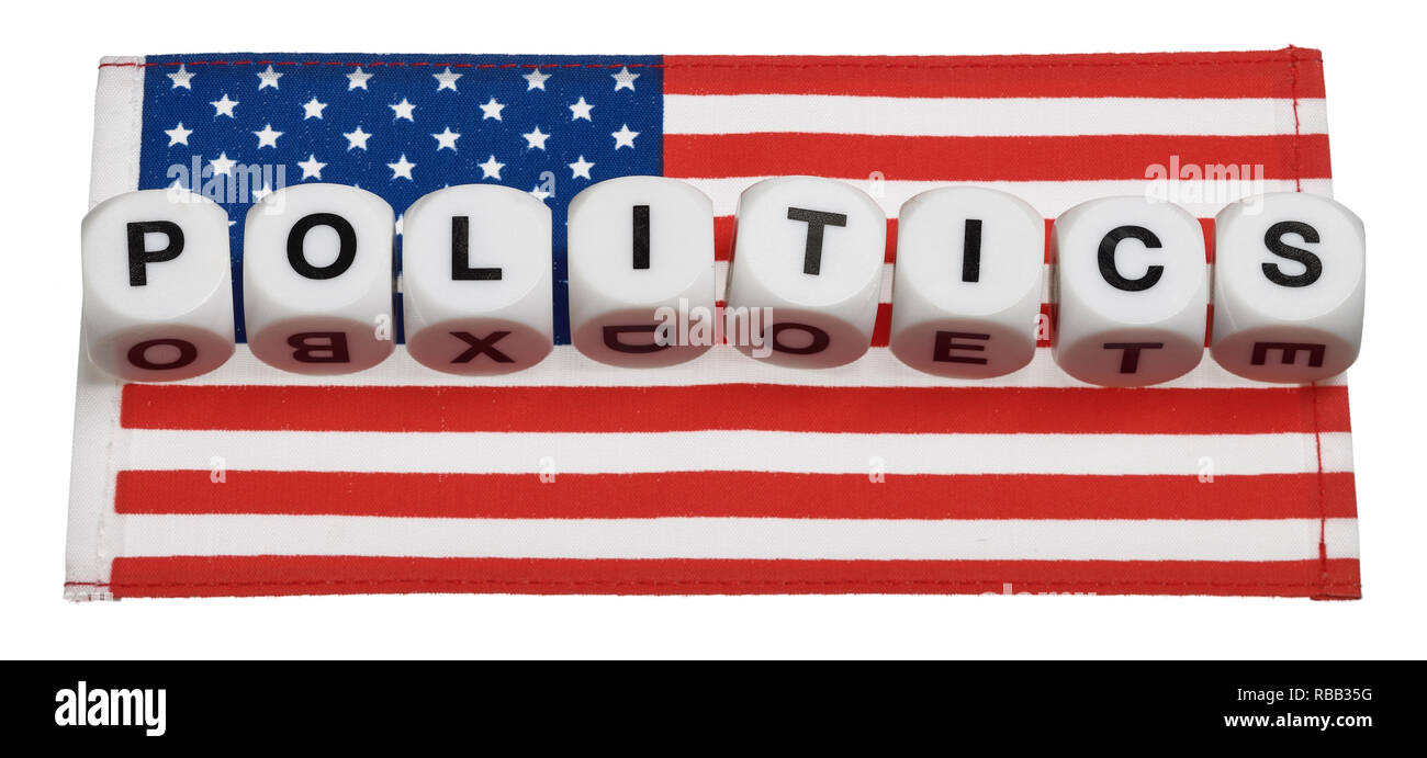 Das Wort Politik heraus auf eine amerikanische Flagge geschrieben Stockfoto