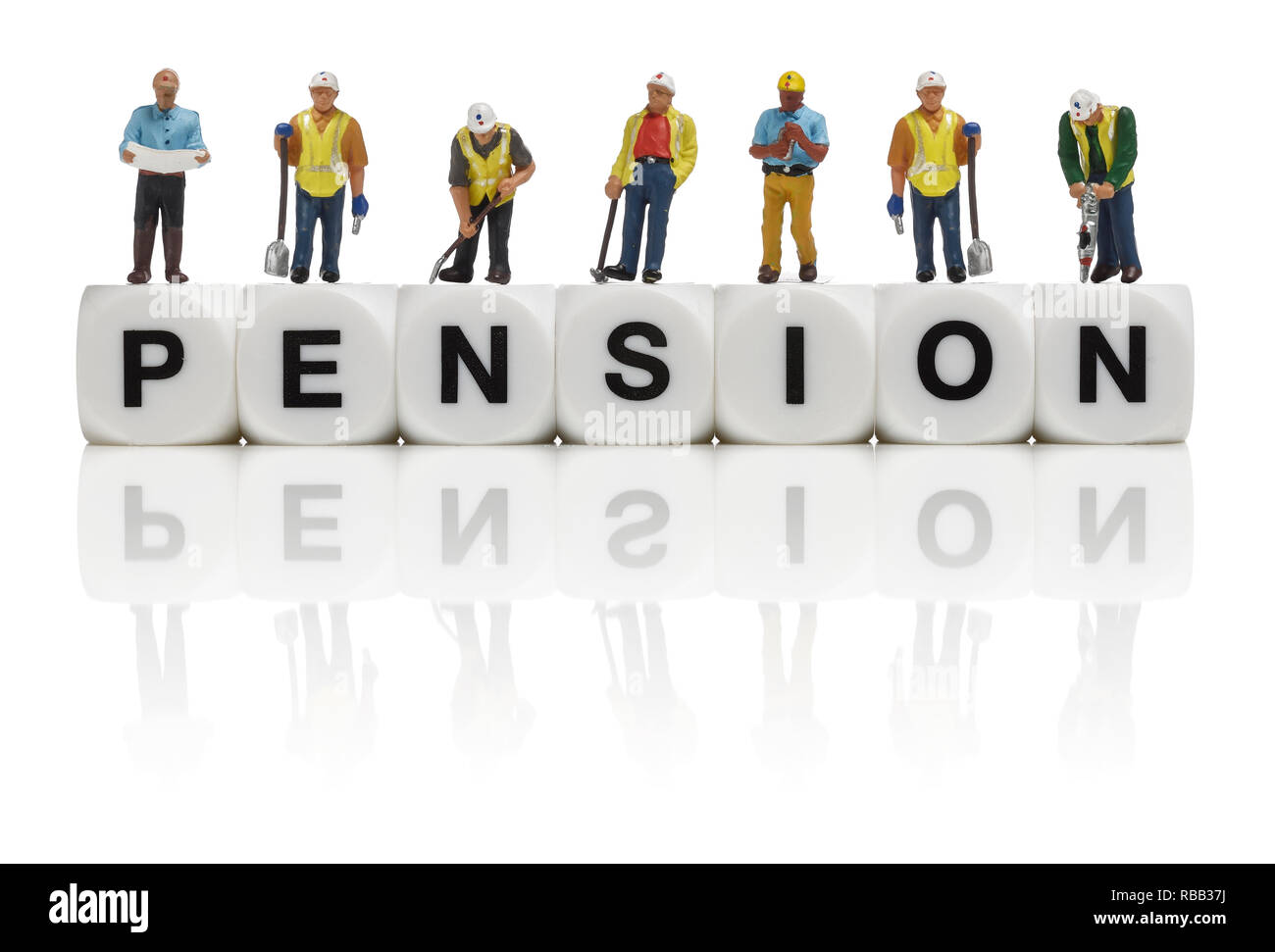 Bauarbeiter und das Wort Pension Stockfoto