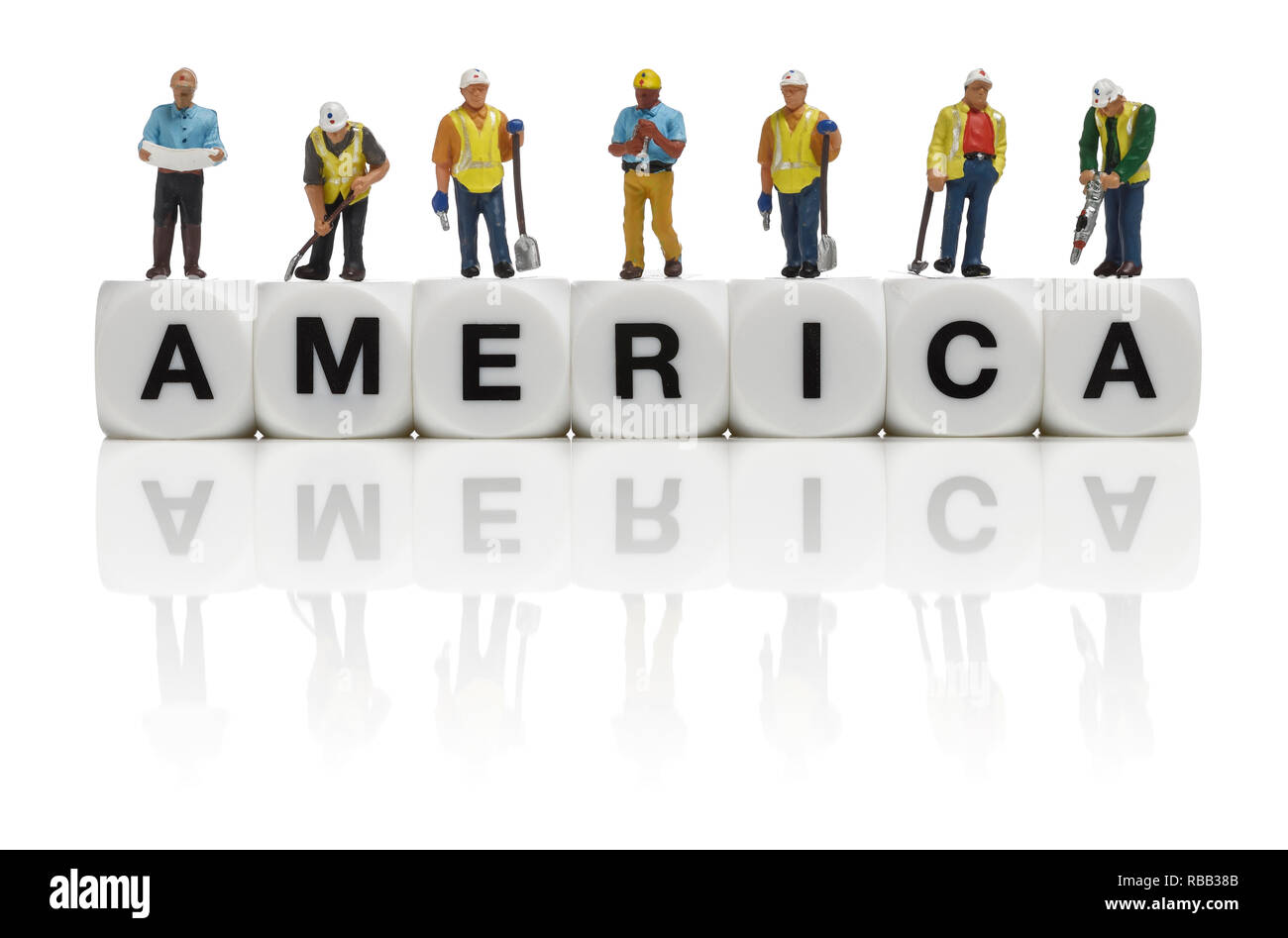 Bauarbeiter und das Wort Amerika Stockfoto
