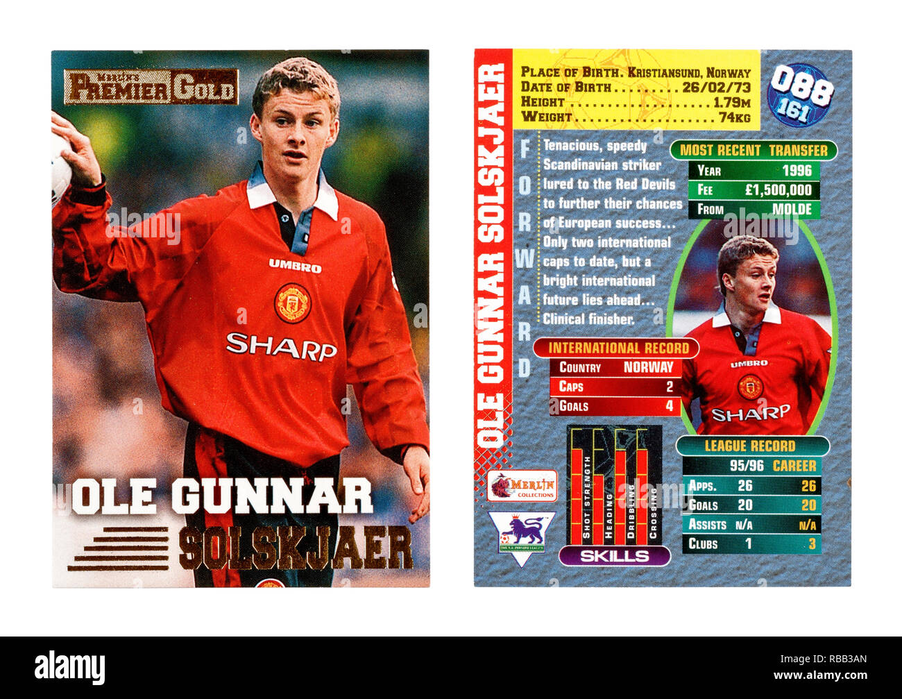Die Vorder- und Rückseite von Merlin football player Karte von 1996 mit Ole Gunnar Solskjær Spielen für Manchester United Stockfoto