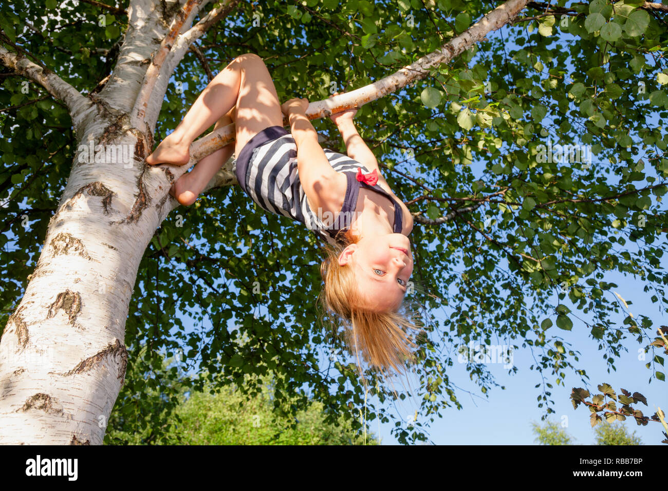 Low Angle View der glücklichen Mädchen den Kopf aus einer Birke auf Kamera genießen Sommer hängen Stockfoto