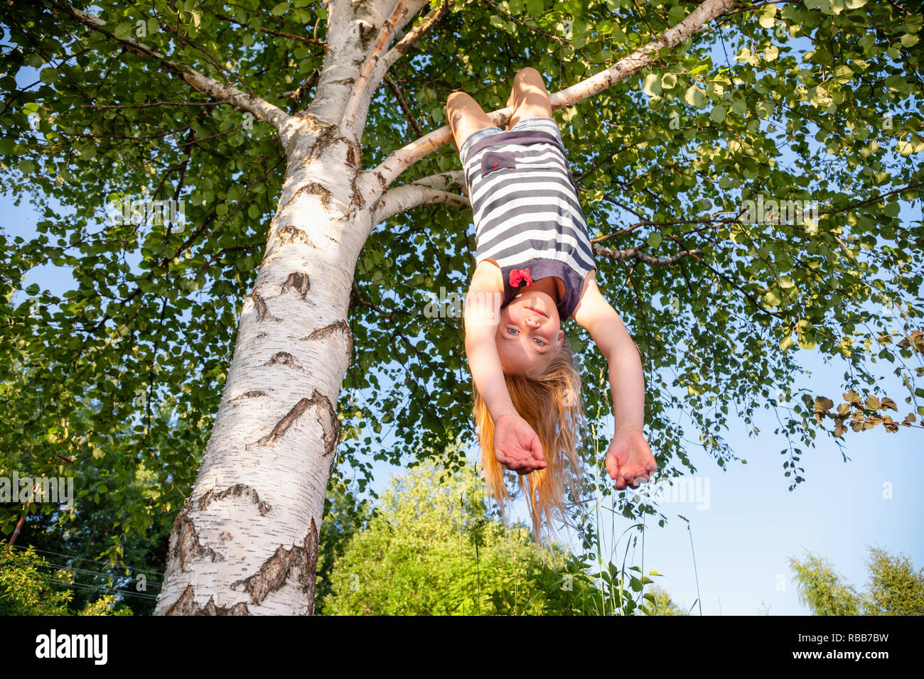 Low Angle View der glücklichen Mädchen den Kopf aus einer Birke auf Kamera genießen Sommer hängen Stockfoto