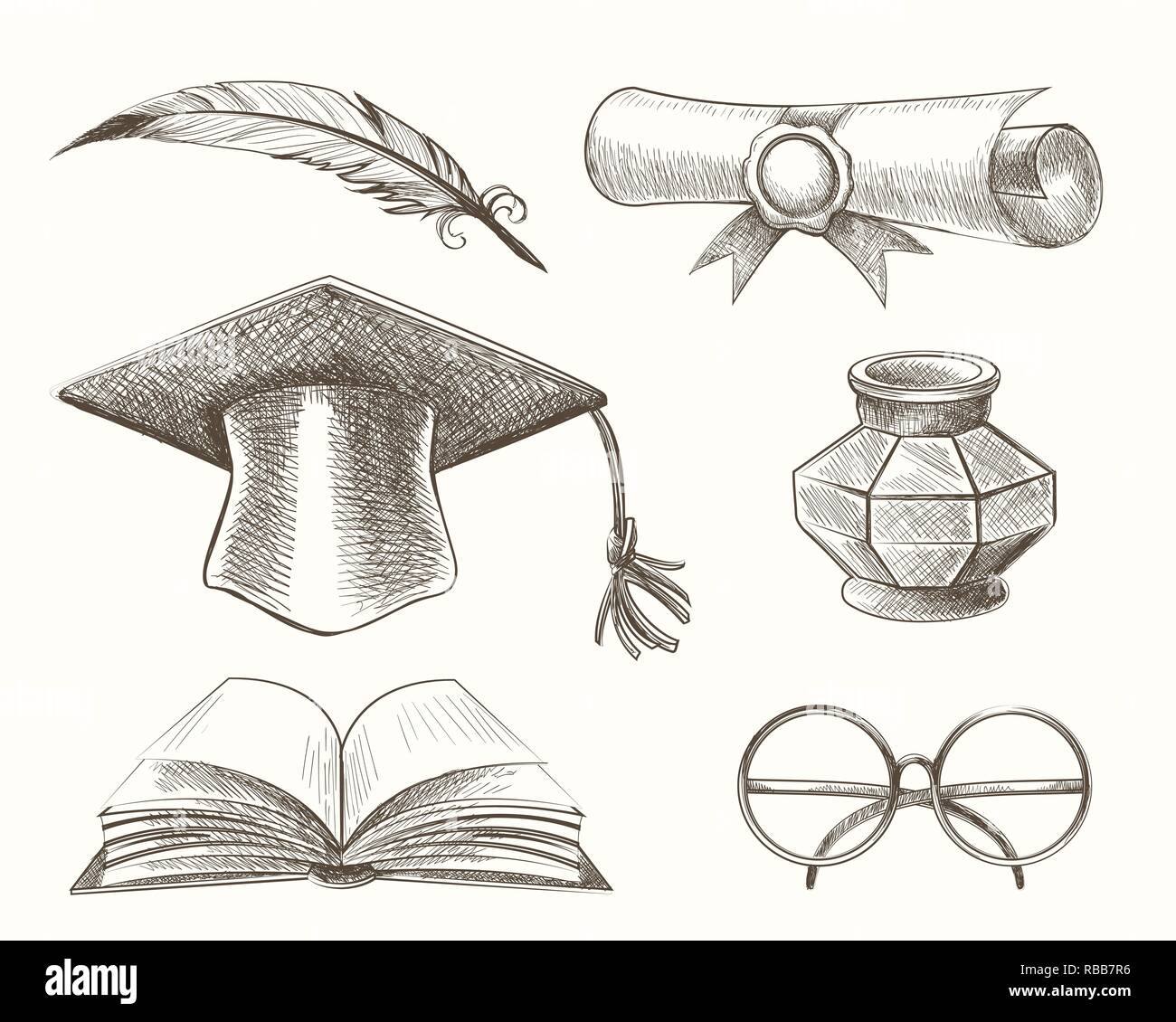 Staffelung Thema für Mittelalterliche High School oder College Graduation. Zubehör in Gravur Stil gezeichnet. Vector Illustration. Stock Vektor