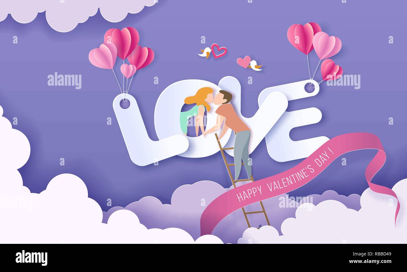 Valentines Tag Karte mit Paar in Liebe küssen Auf große Buchstaben Liebe auf den lila Himmel Hintergrund. Vektor Papier art Illustration. Papier geschnitten und Handwerk Stil. Stock Vektor