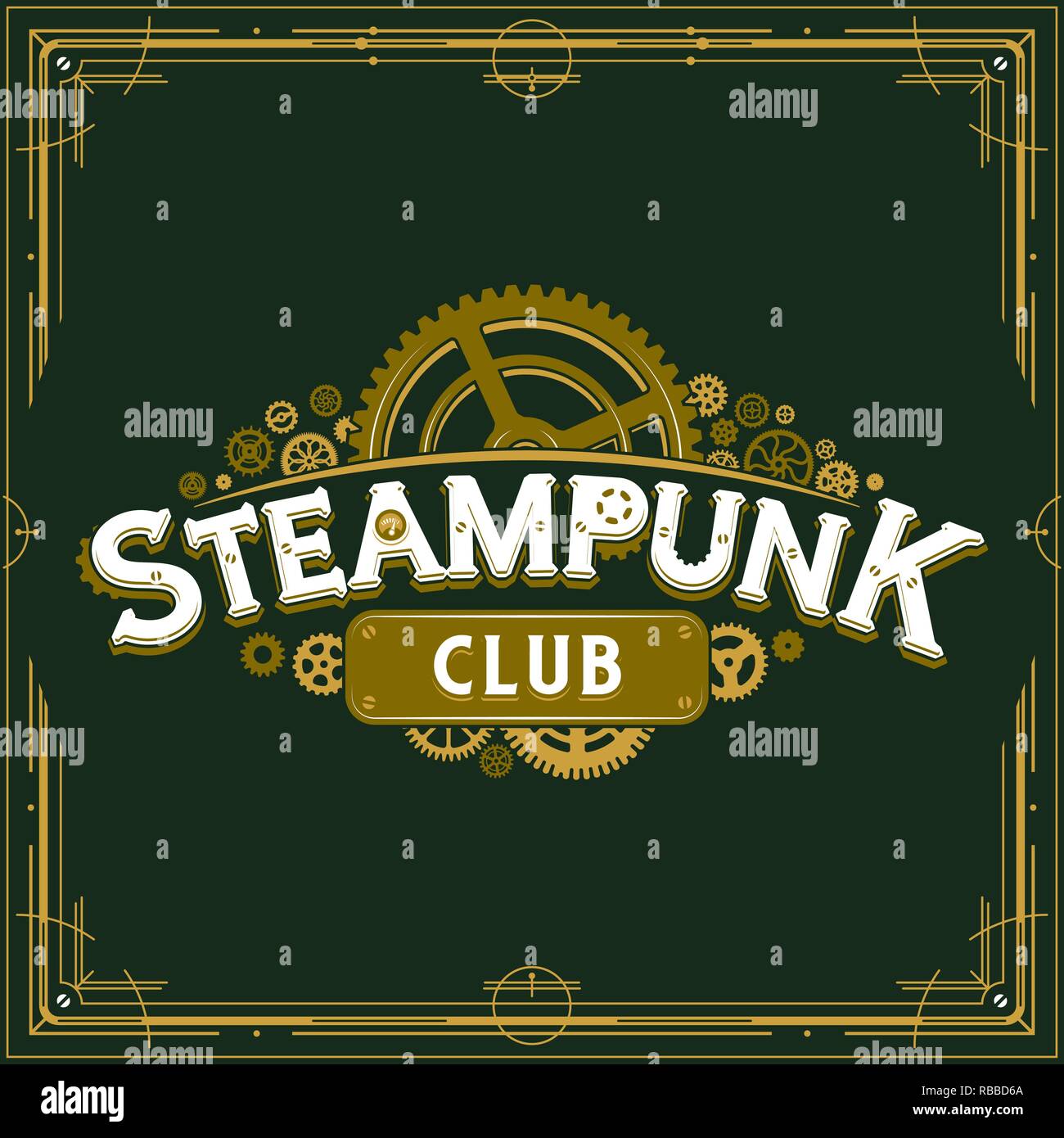 Steampunk club insignia Design viktorianischen Ära Zahnräder logo Vektor Poster auf grünem Hintergrund ideal für Banner oder Party Einladung Stock Vektor Steampunk club insignia Design viktorianischen Ära Zahnräder logo Vektor Poster auf grünem Hintergrund ideal für Banner oder Party Einladung Stock Vektor