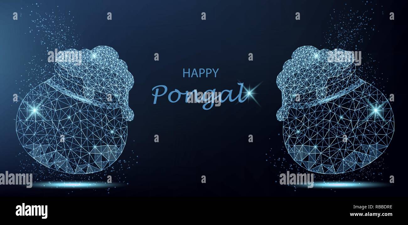 Happy Pongal Grußkarte mit zwei schönen polygonalen Töpfe auf blauem Hintergrund. Makar Sankranti. Happy Lohri. Plakat. Vector Illustration. Stock Vektor