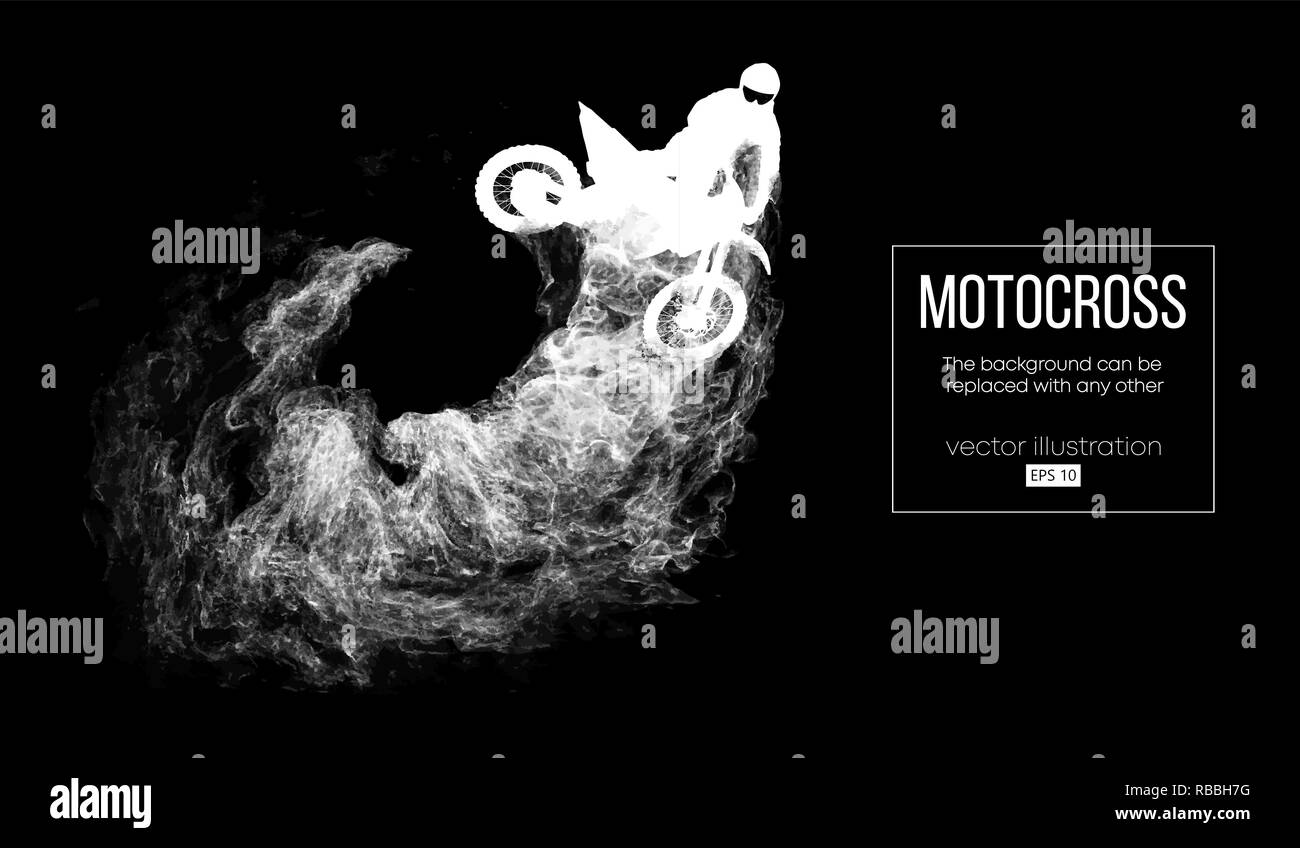 Abstrakte Silhouette einer motocross Rider auf dunklen schwarzen Hintergrund von Partikeln, Staub, Rauch, Dampf. Motocross Fahrer springen und führt einen Trick. Hintergrund kann auf einen beliebigen anderen geändert werden. Vektor Stock Vektor