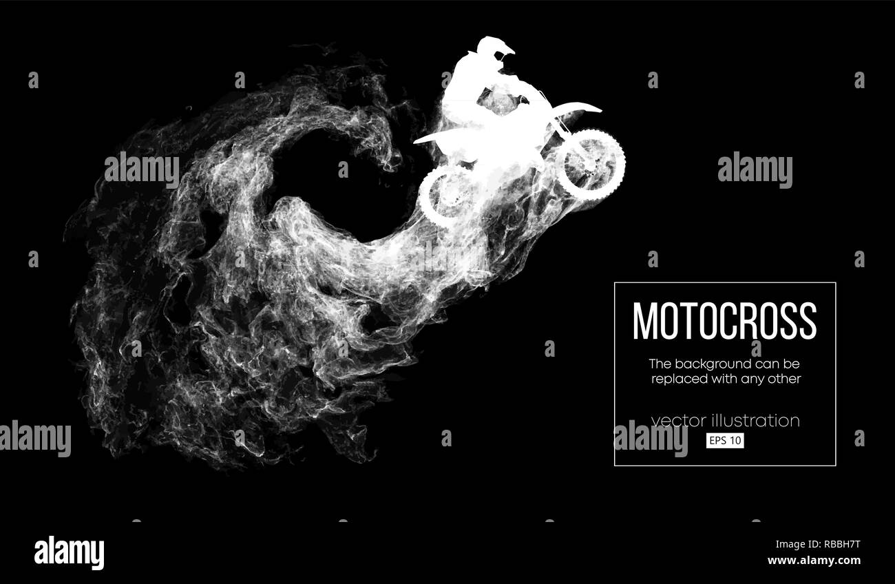 Abstrakte Silhouette einer motocross Rider auf dunklen schwarzen Hintergrund von Partikeln, Staub, Rauch, Dampf. Motocross Fahrer springen und führt einen Trick. Hintergrund kann auf einen beliebigen anderen geändert werden. Vektor Stock Vektor