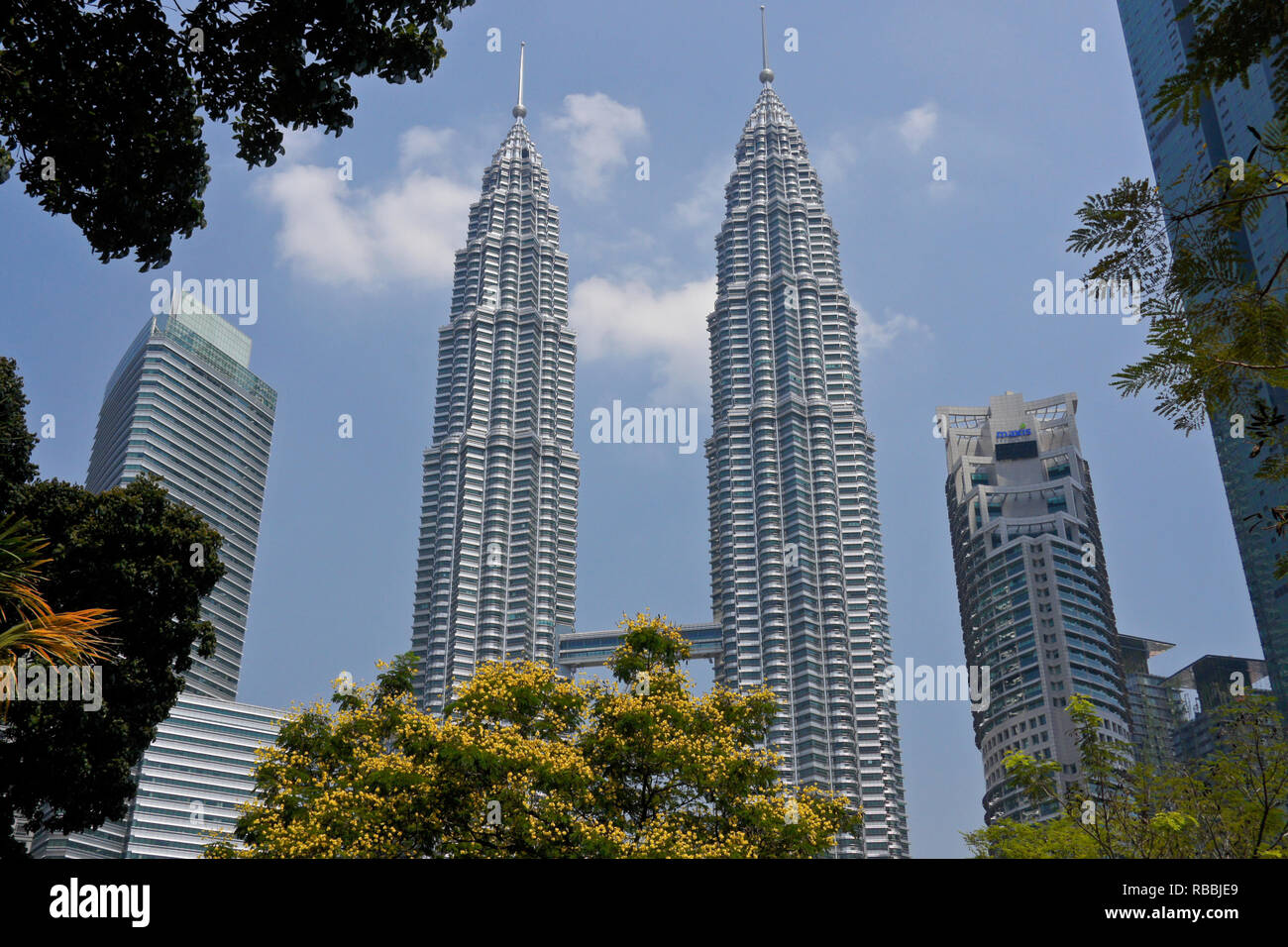 Zu den Petronas Twin Towers und Downtown Wolkenkratzer vom KLCC Park, Kuala Lumpur, Malaysia gesehen Stockfoto