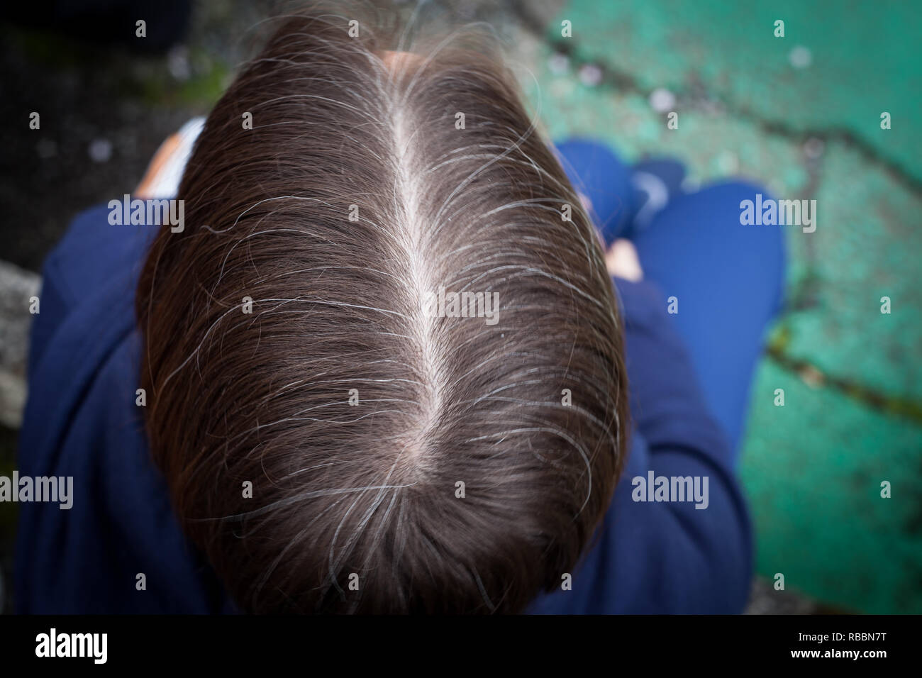 Blick auf womans Haaren von oben Mehrere graue Haare enthalten Stockfoto