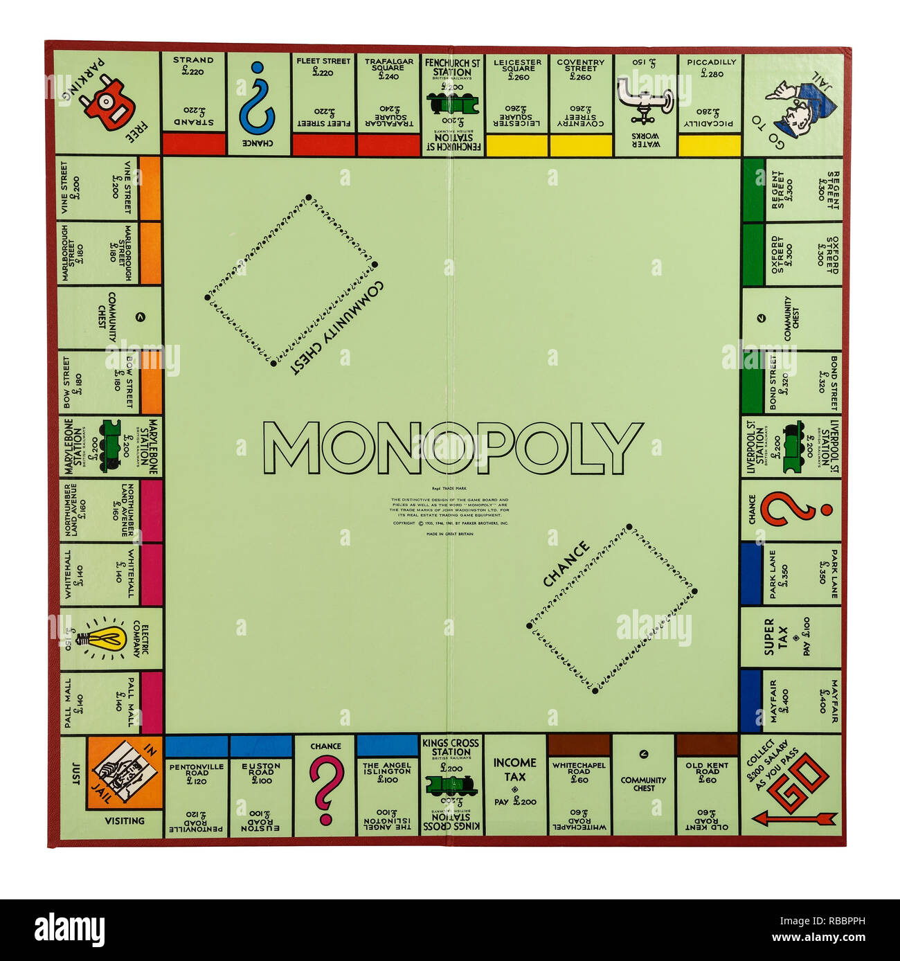 Das Spielbrett für das Spiel des Monopols Stockfoto