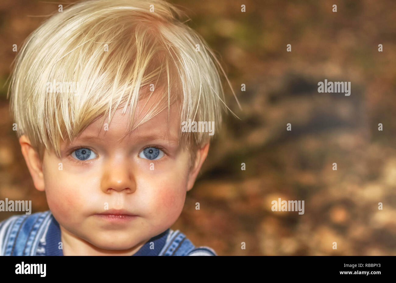 Ein Kopfschuss Porträt einer männlichen Kleinkind mit blondem Haar und blauen Augen geradeaus auf der Suche Stockfoto