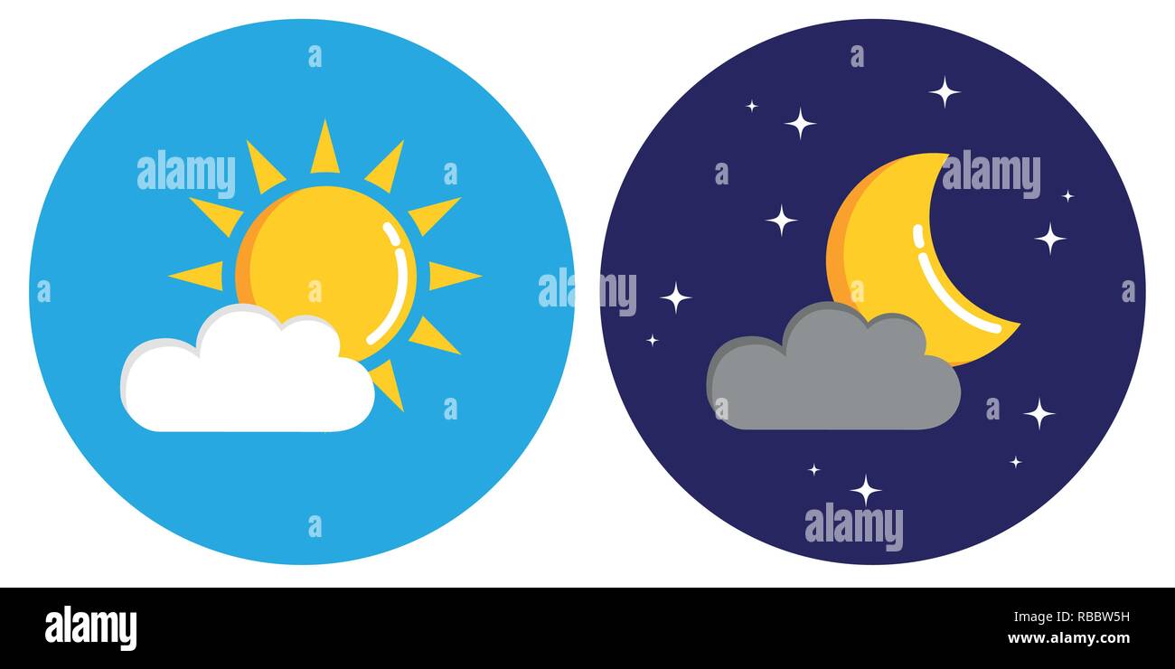 Sonne und Mond mit Wolken im Kreis Tag und Nacht konzept Vektor-illustration EPS 10. Stock Vektor
